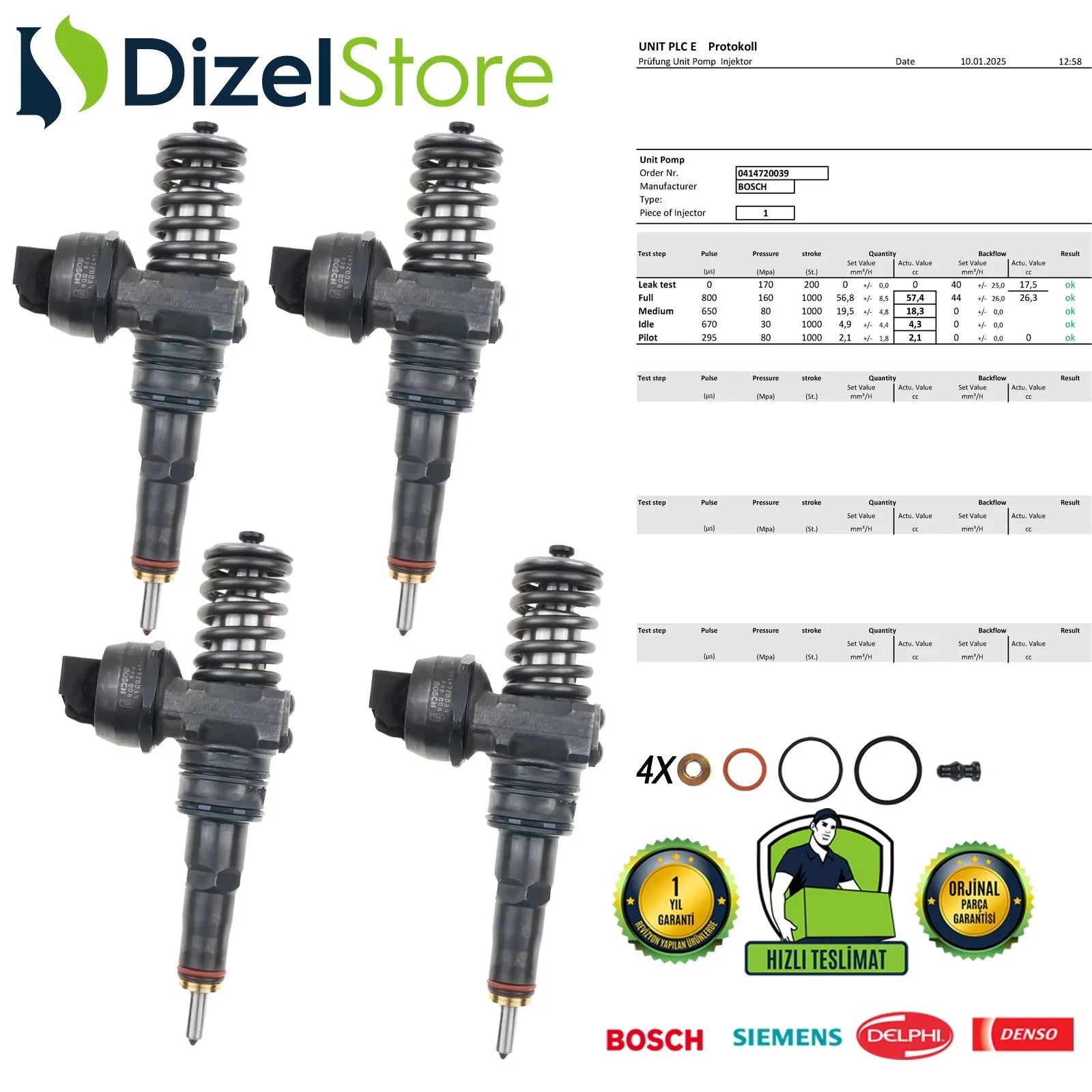 4X 0414720039 BOSCH ENJEKTÖR PDE AUDI SKODA WW SEAT 1.9TDI 038130073AA - Dizel Store