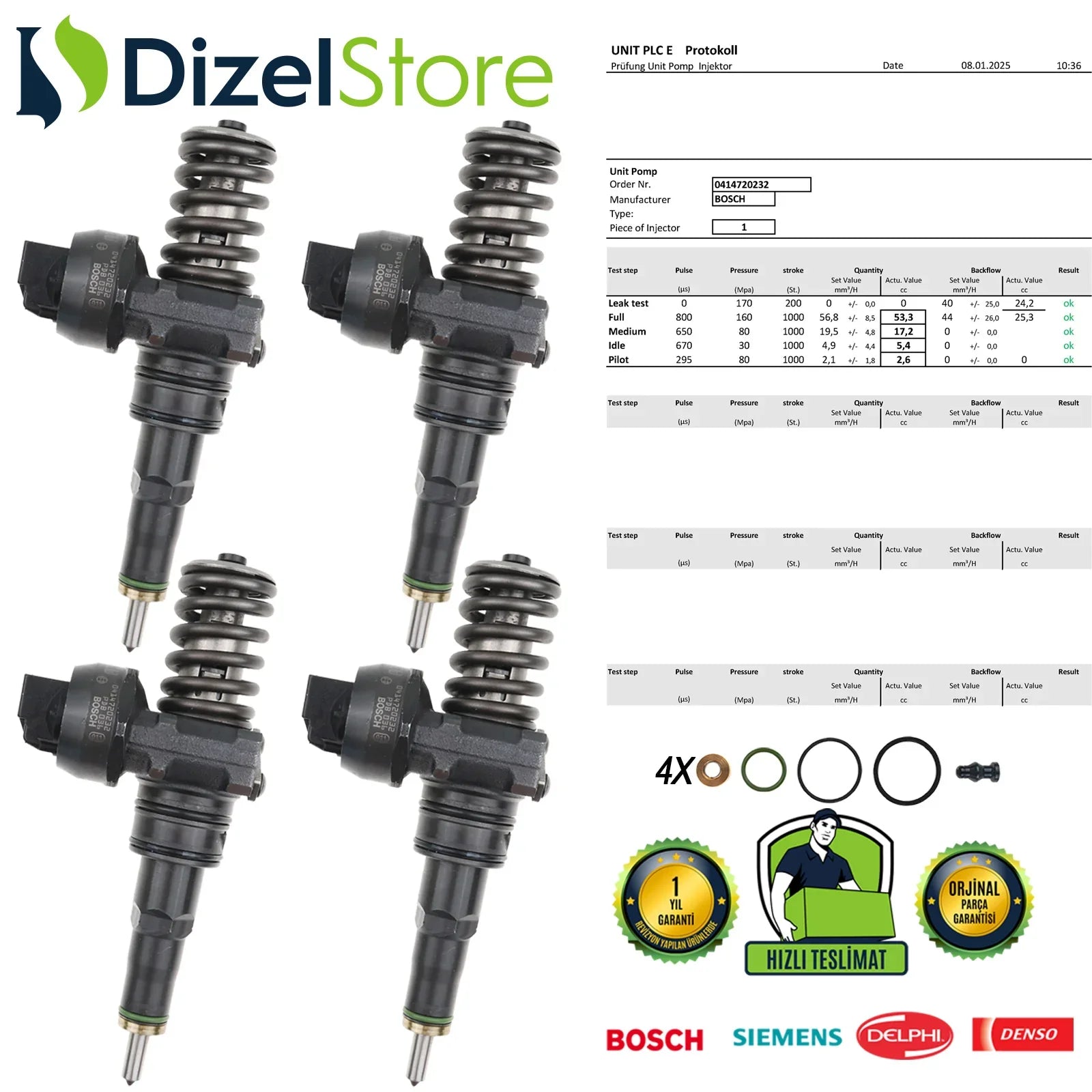 4X 0414720232 BOSCH POMPA NOZULU ÜNİTESİ PDE VW GOLF CADDY 2.0 SDI 038130073BR - Dizel Store