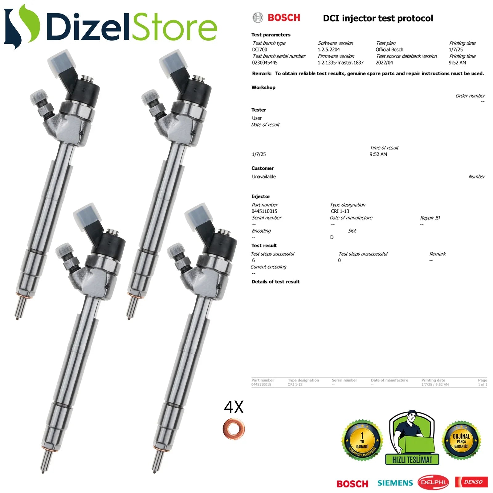 4X 0445110015 Bosch Enjektör Mercedes-Benz A 160 A 170 CDI A6680700287 - Dizel Store