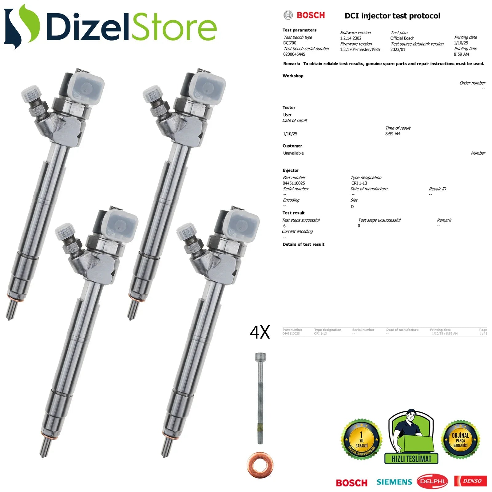 4X 0445110025 Bosch Enjektör Mercedes-Benz C200 E200 E270 CDI A6110700687 - Dizel Store