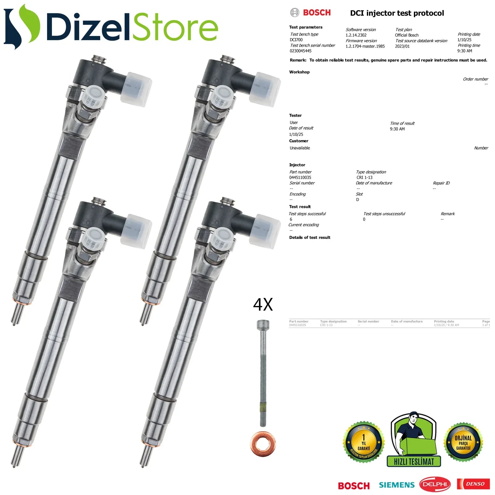 4X 0445110035 Bosch Enjektör Mercedes-Benz Sprinter 208 408 V 200 220 CDI A6130700187 - Dizel Store