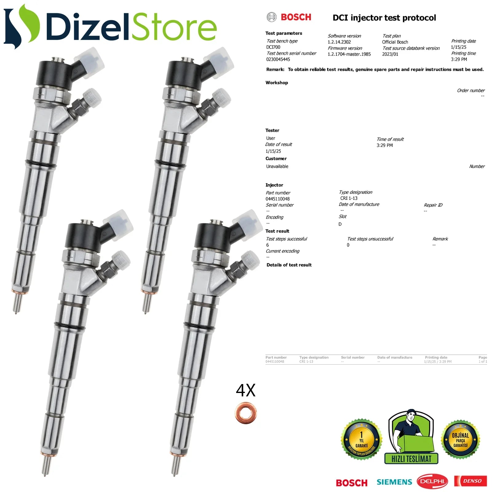 4X 0445110048 Bosch Enjektör BMW E39 525d 13 53 7 785 985 - Dizel Store