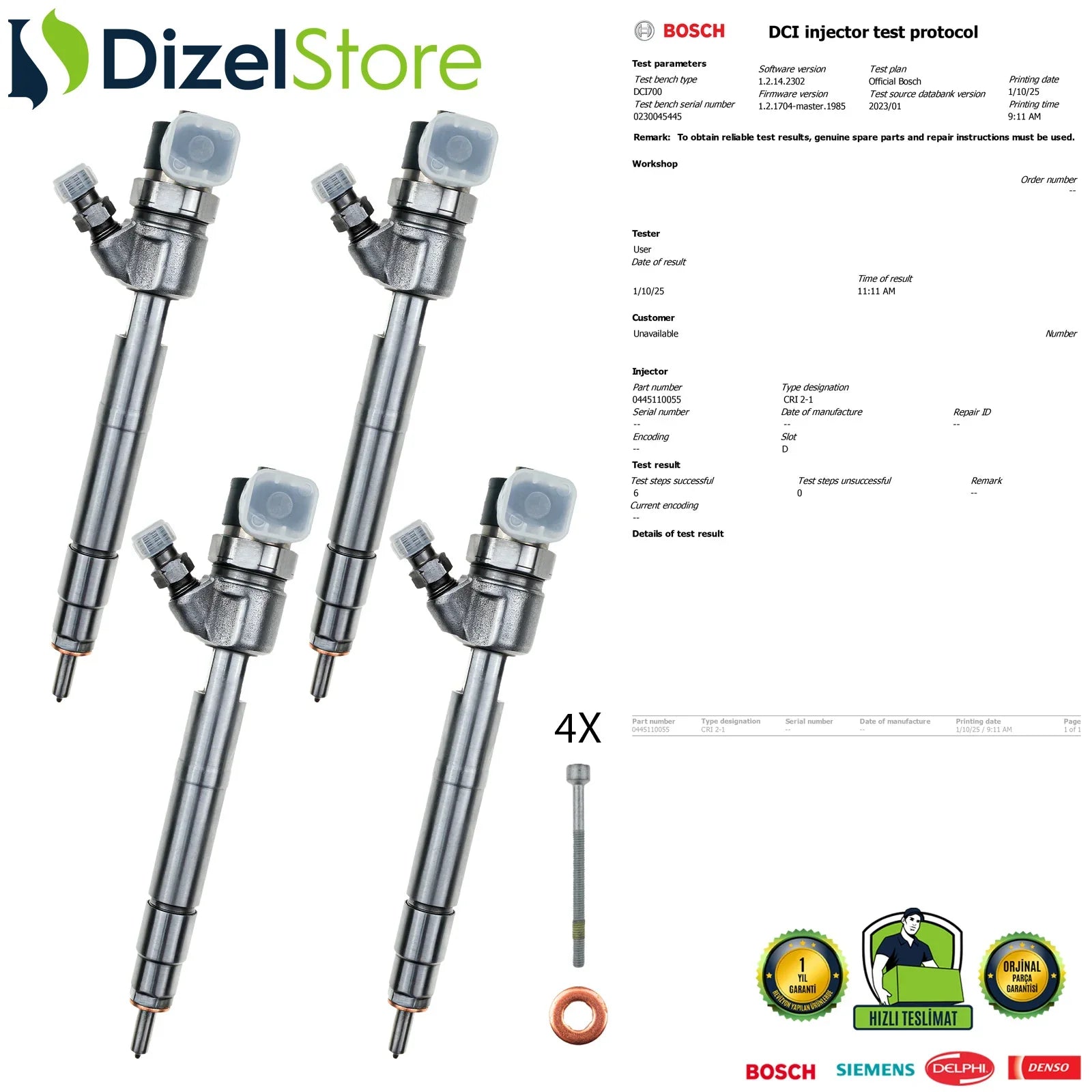 4X 0445110055 Bosch Enjektör Mercedes-Benz E200 E220 E270 CDI A6110701187 - Dizel Store