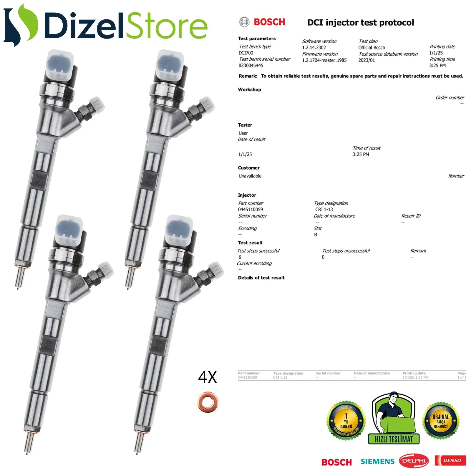 4X 0445110059 Bosch Enjektör Chrysler Voyager Jeep Cherokee 2.5 CRD 05066-820AA - Dizel Store