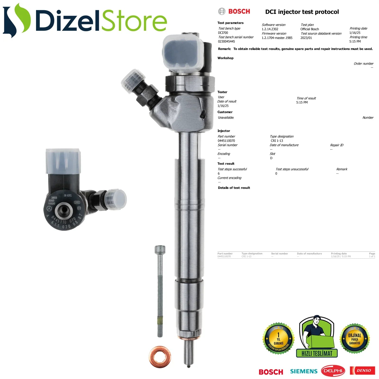 0445110070 Bosch Enjektör Mercedes-Benz 208 CDI 211 CDI 311 CDI A6110700887 - Dizel Store