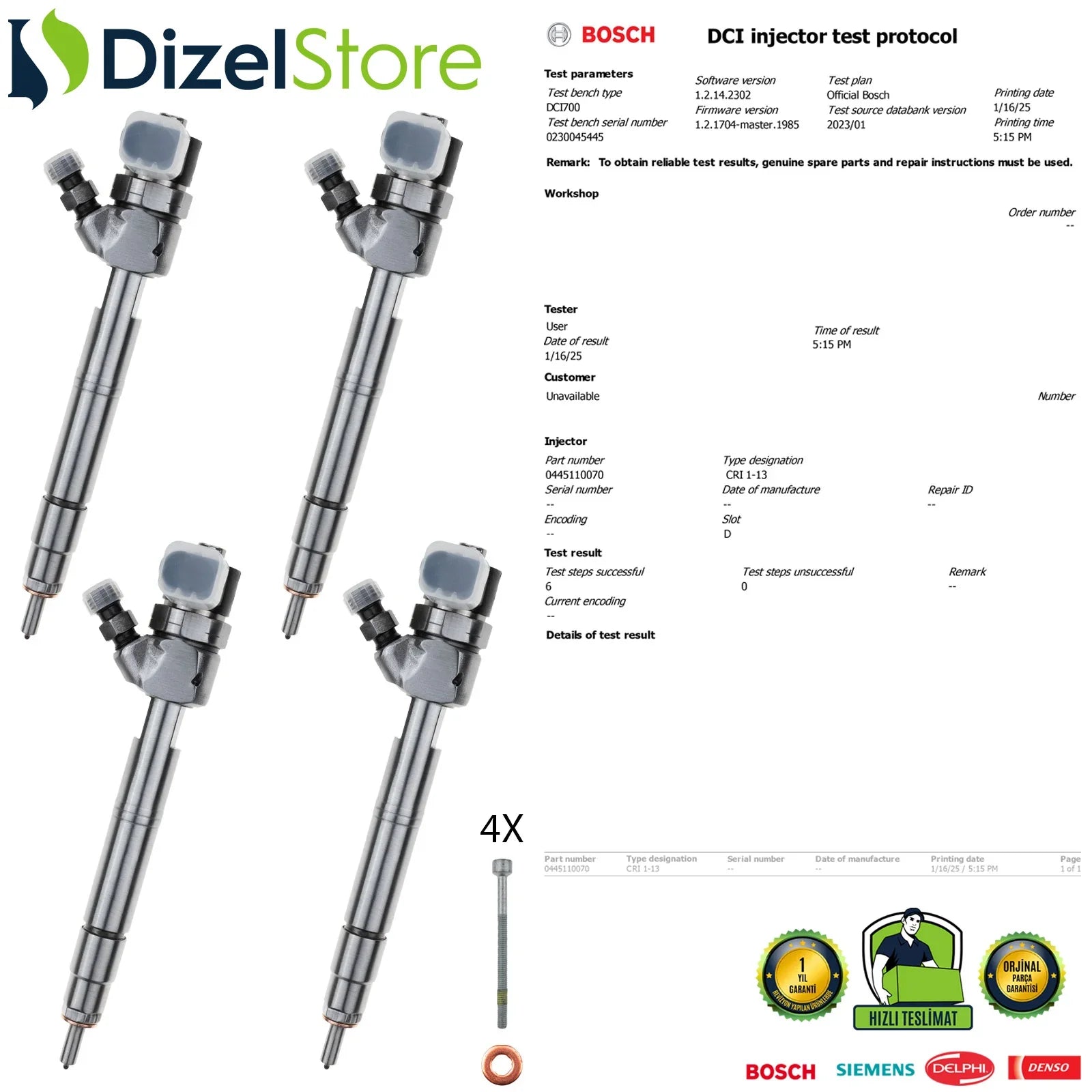 4X 0445110070 Bosch Enjektör Mercedes-Benz 208 CDI 211 CDI 311 CDI A6110700887 - Dizel Store