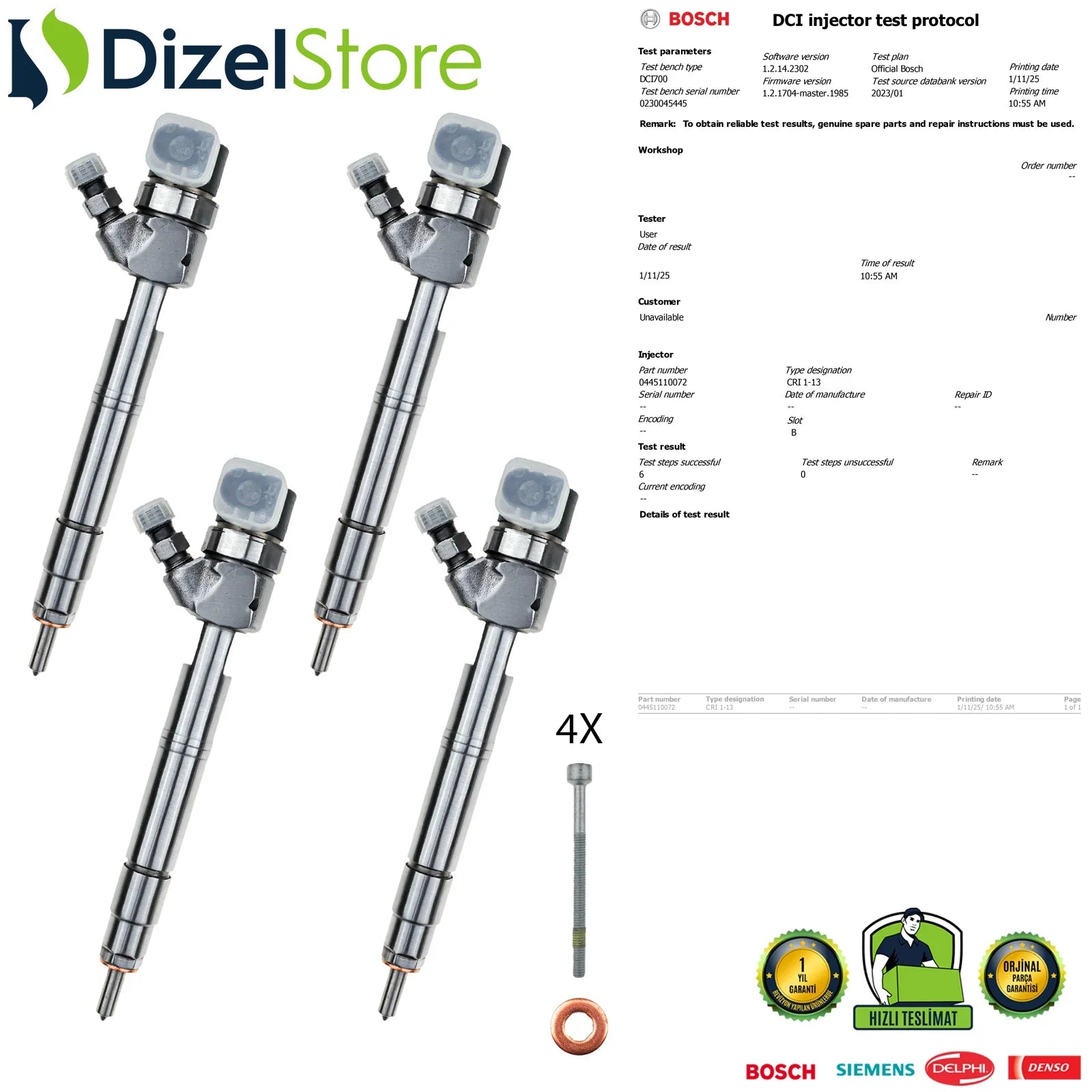 4X 0445110072 Bosch Enjektör Mercedes-Benz C200 C220 E200 E220 CDI A6110700987 - Dizel Store