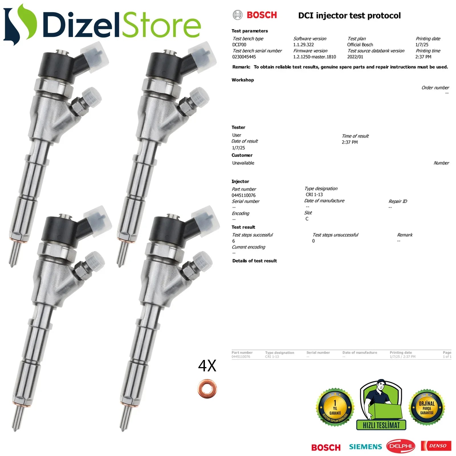4X 0445110076 Bosch Enjektör Citroen Fiat Peugeot 2.0 JTD 9641742880 - Dizel Store