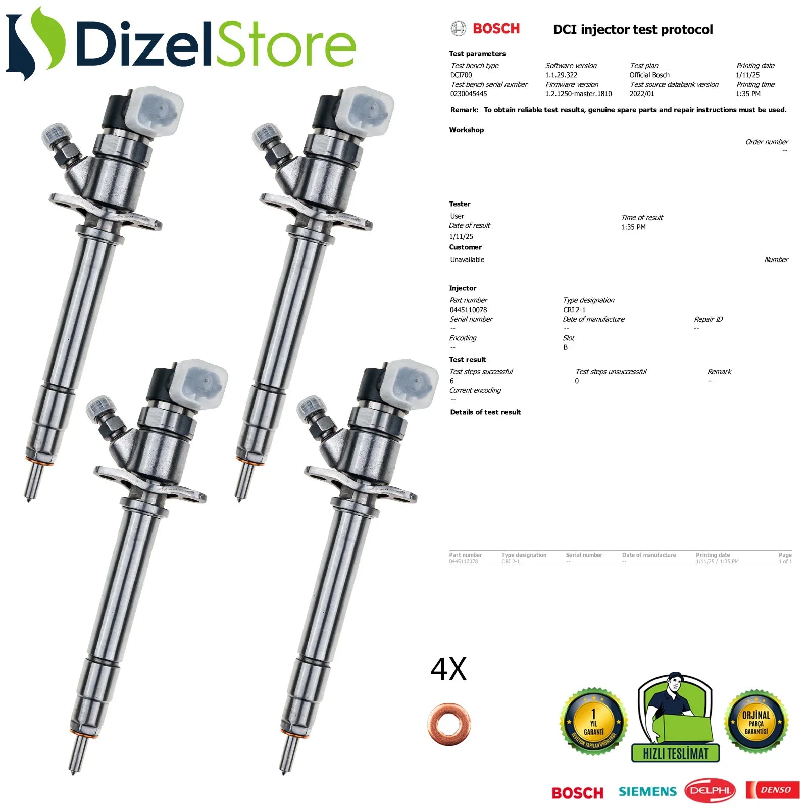 4X 0445110078 Bosch Enjektör Volvo S60 S80 V70 XC70 8658352 - Dizel Store