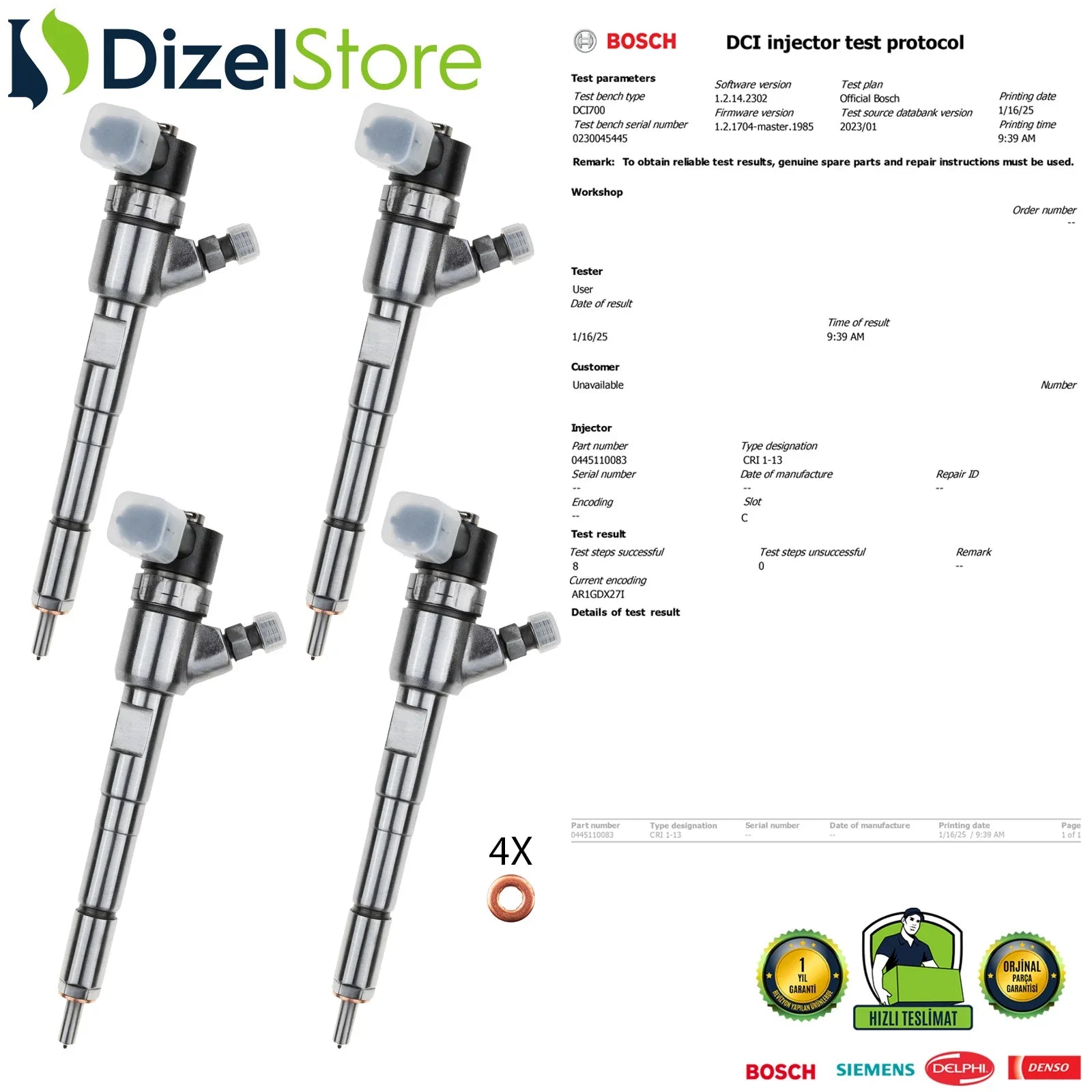 4X 0445110083 Bosch Enjektör Lancia Opel Fiat Doblo Panda 1.3 JTD 55184536 - Dizel Store