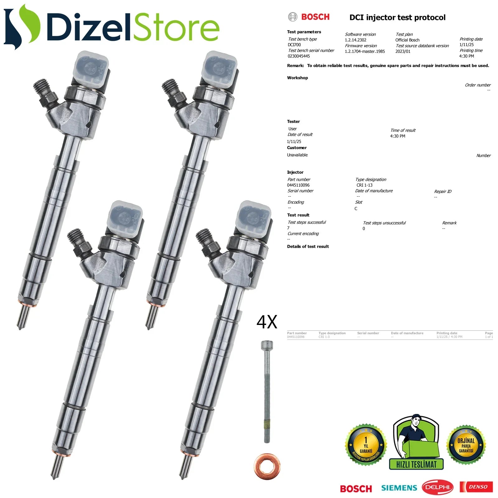 4X 0445110096 Bosch Enjektör Mercedes-Benz Vito 108 110CDI A6130700587 - Dizel Store