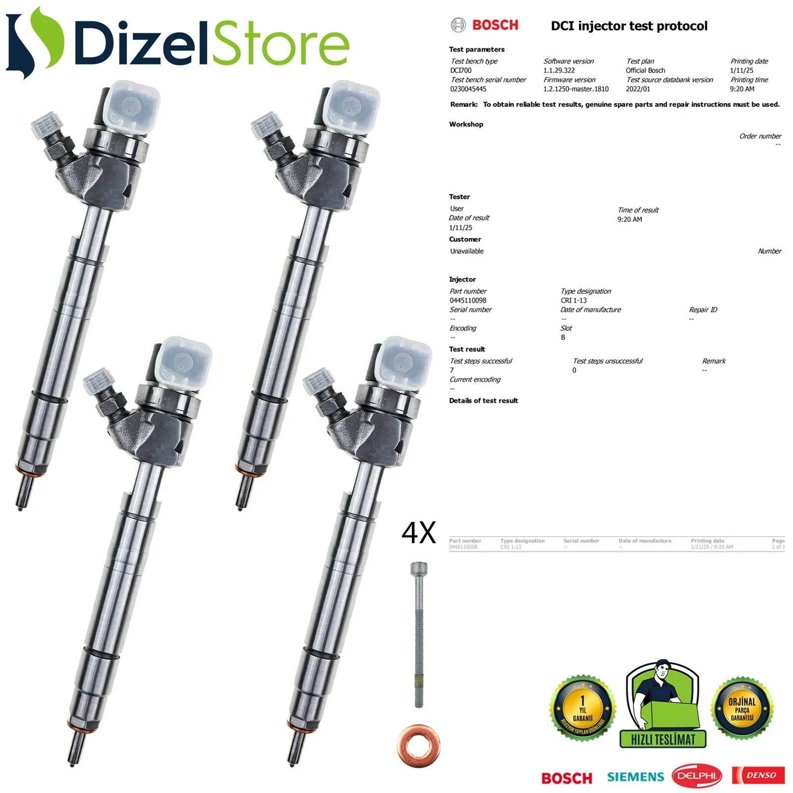 4X 0445110098 Bosch Enjektör Jeep Mercedes-Benz Sprinter 208 CDI A6120700087 - Dizel Store