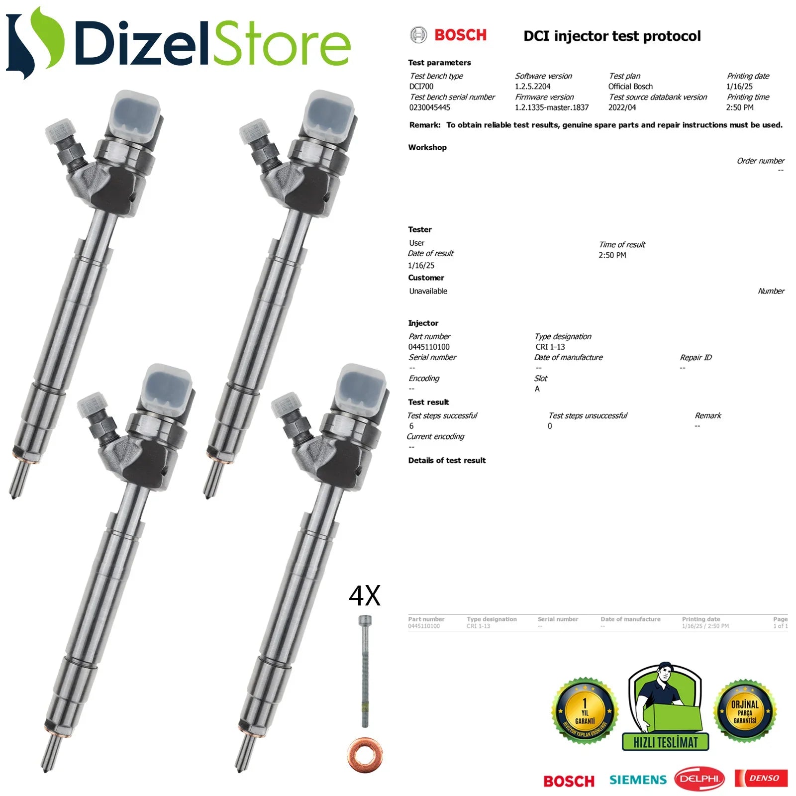4X 0445110100 Bosch Enjektör Mercedes-Benz C200 E200 E220 CDI A6110700987 - Dizel Store