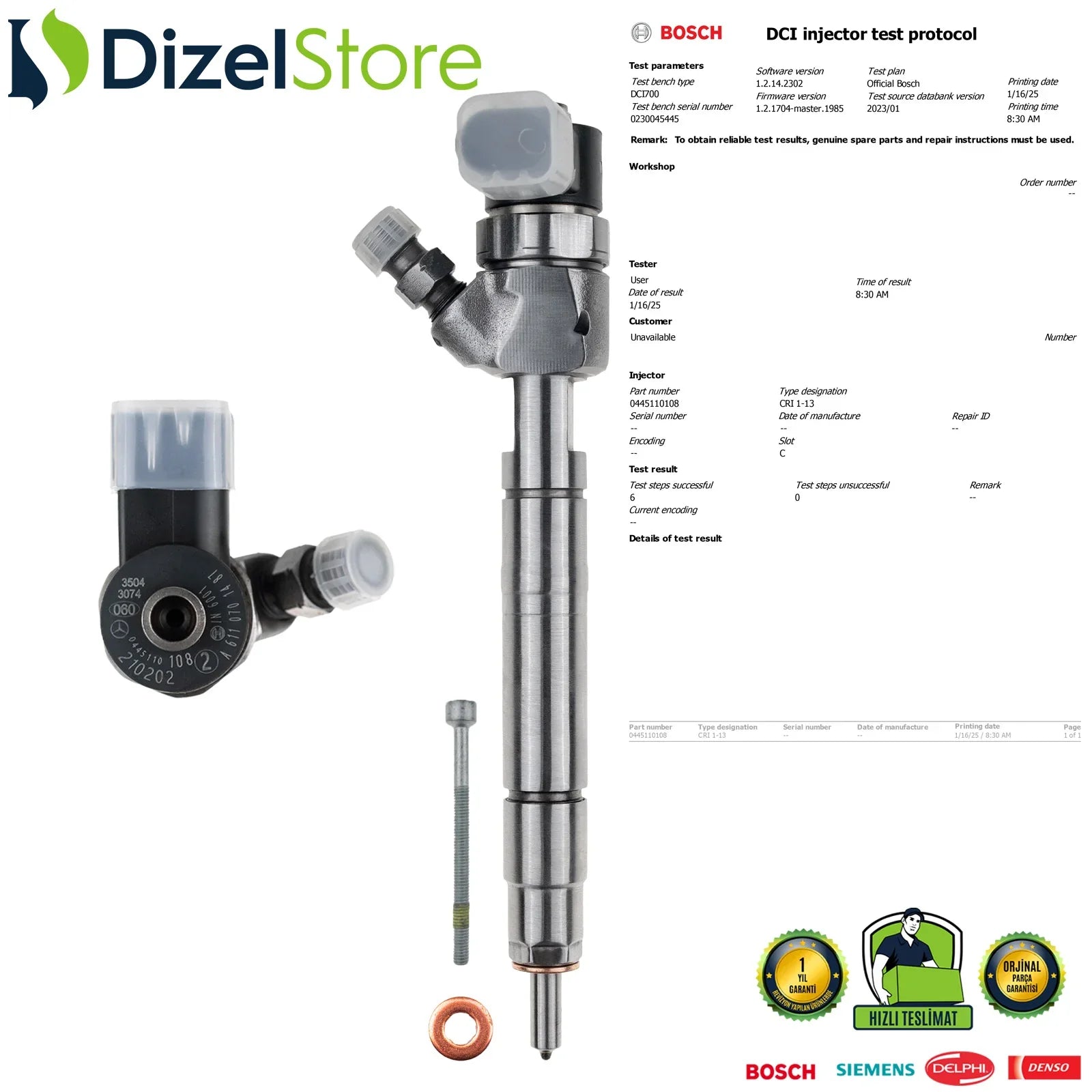 0445110108 Bosch Enjektör Mercedes-Benz Sprinter 316 CDI 313 CDI A6110701487 - Dizel Store