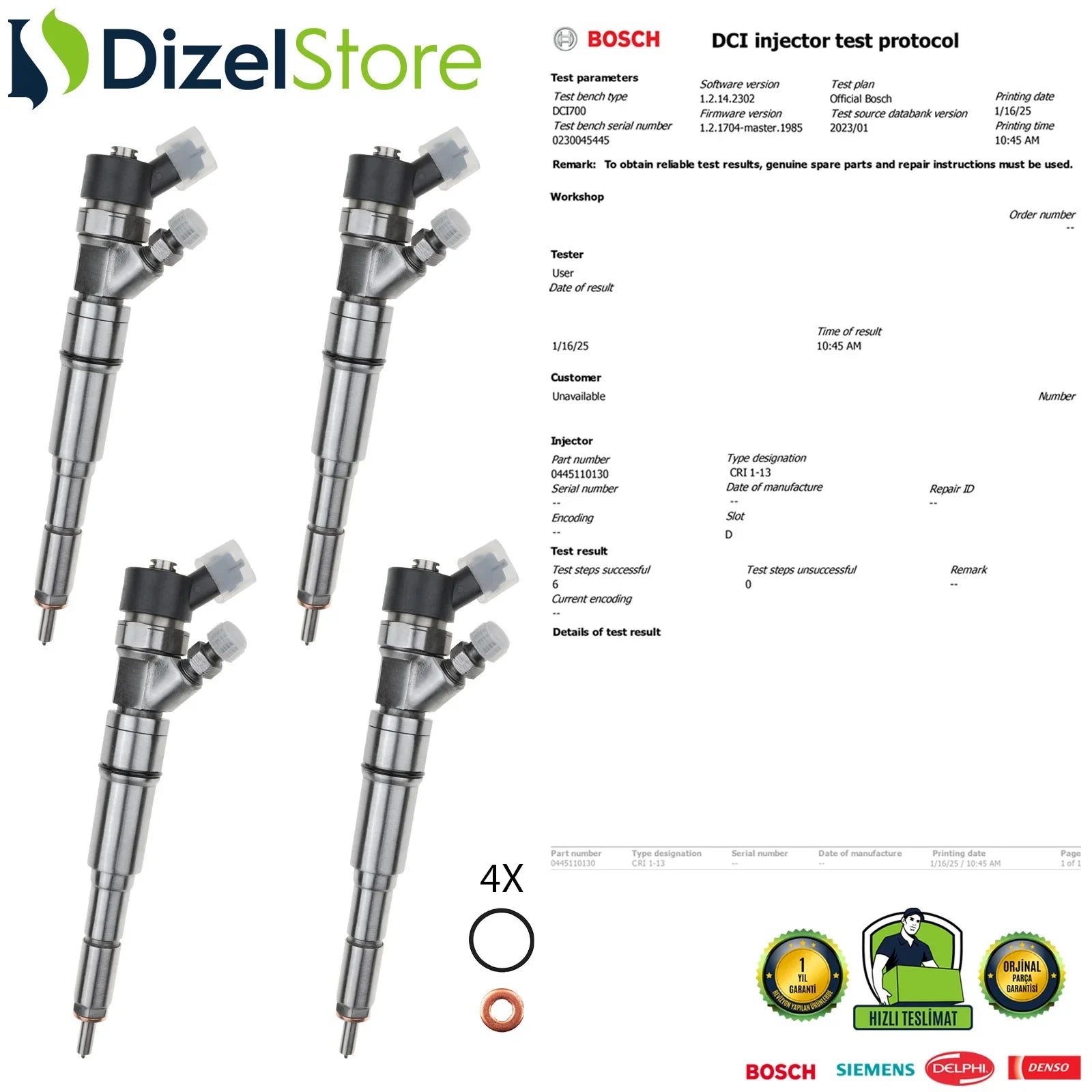 X4 0445110130 Bosch Enjektör Land Rover Freelander 2.0 Td4 13537789573 - Dizel Store