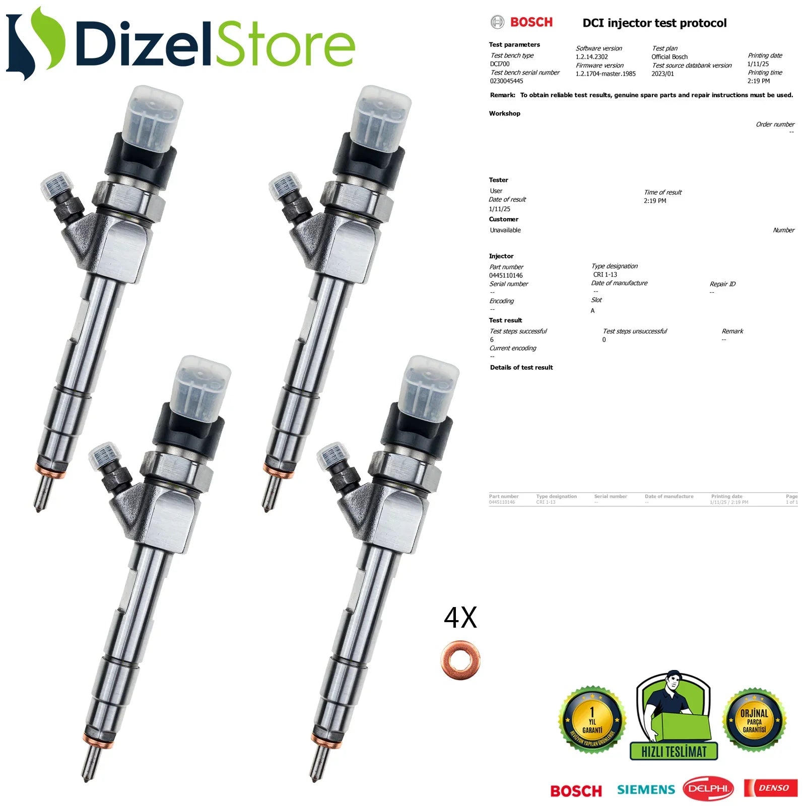 4X 0445110146 Bosch Enjektör Opel Movano Vivaro Renault Laguna Trafic 1.9 dCi 8200238528 - Dizel Store