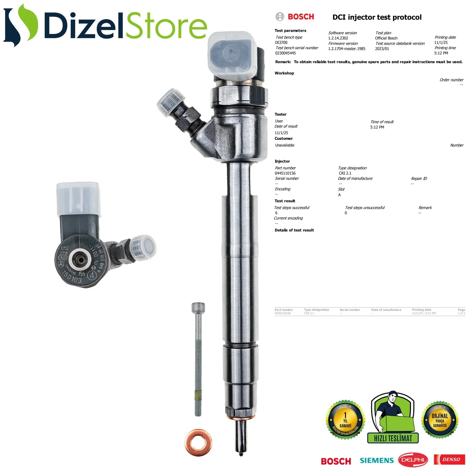 0445110156 Bosch Enjektör Mercedes-Benz E200 E220 E270 E320 CDI A6480700187 - Dizel Store