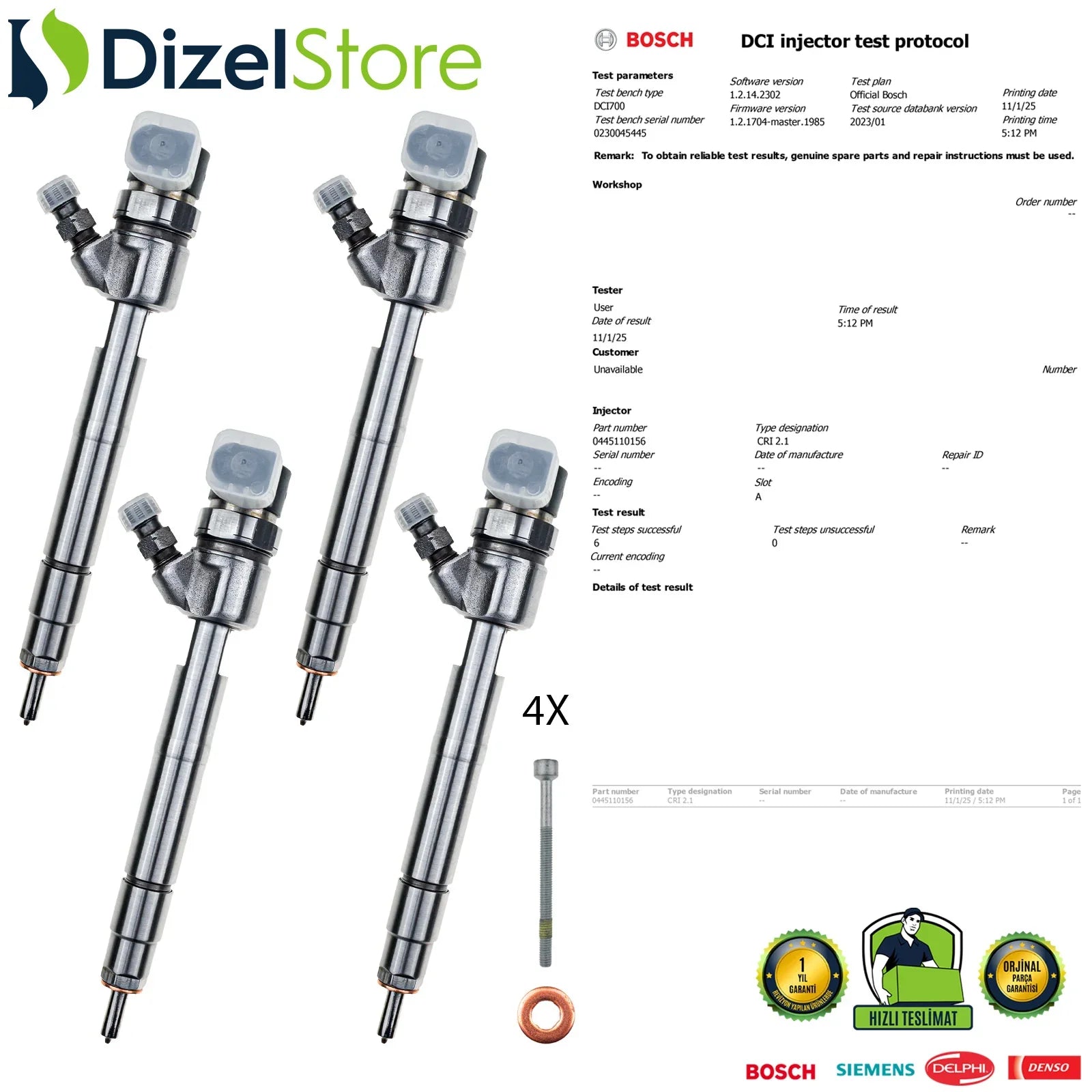 4X 0445110156 Bosch Enjektör Mercedes-Benz E200 E220 E270 E320 CDI A6480700187 - Dizel Store