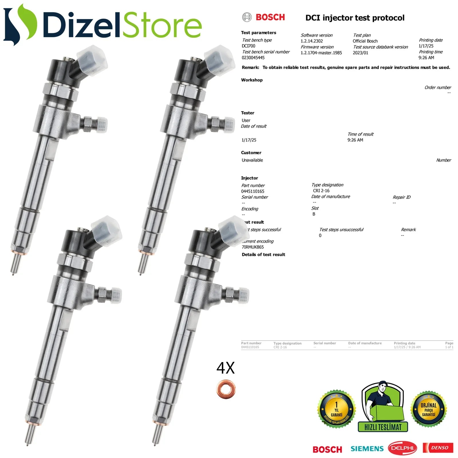 X4 0445110165 Bosch Enjektör Opel Astra Vectra Zafira 1.9 CDTI - Dizel Store