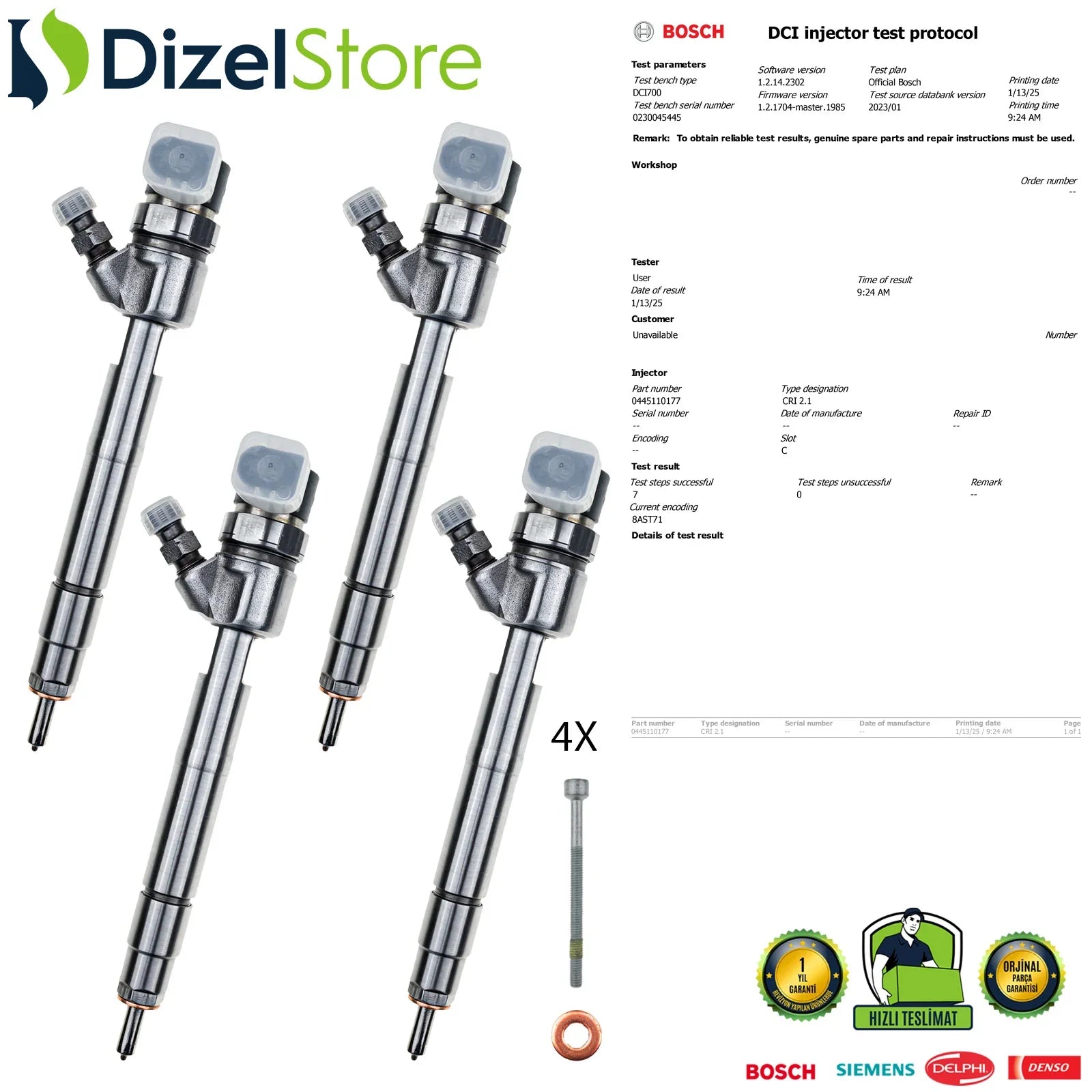 4X 0445110177 Bosch Enjektör Mercedes-Benz C200 C220 E200 E220 E270 CDI A6480700287 - Dizel Store