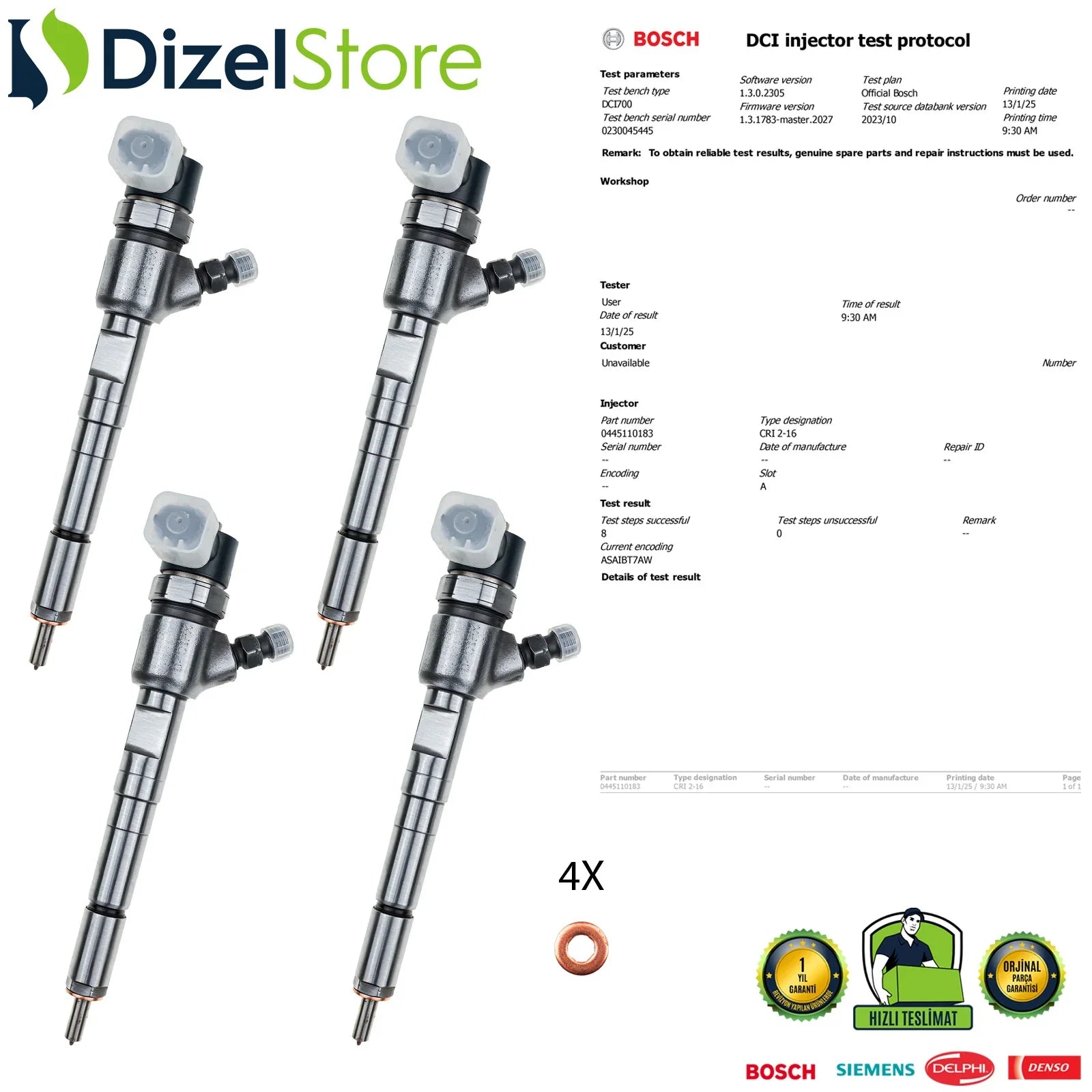 4x 0445110183 Bosch Enjektör Lancia Fiat Opel Astra 1.3 CDTI 55197875 - Dizel Store