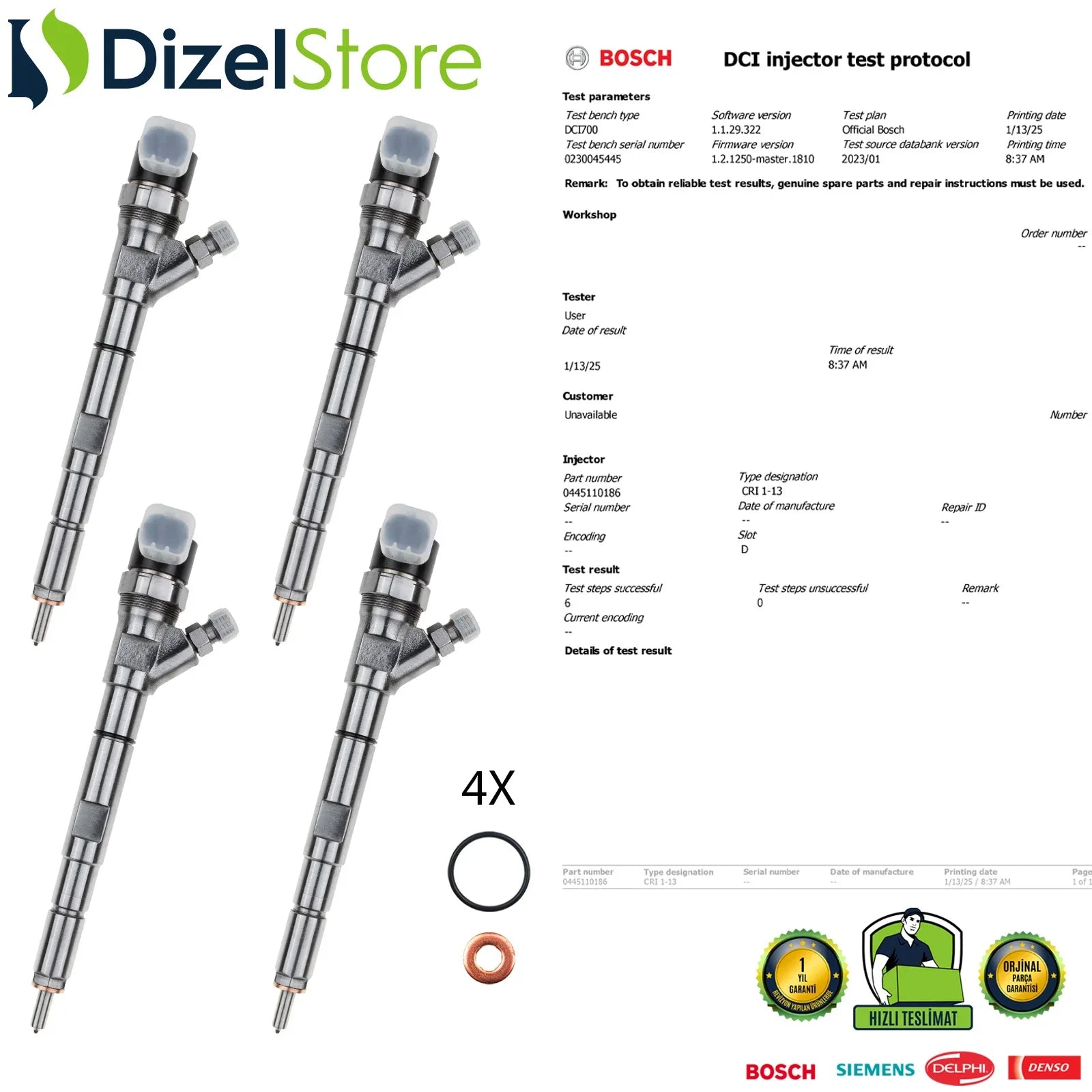 4X 0445110186 Bosch Enjektör Hyundai Kia Sorento 2.5 CRDi 33800-4A100 - Dizel Store