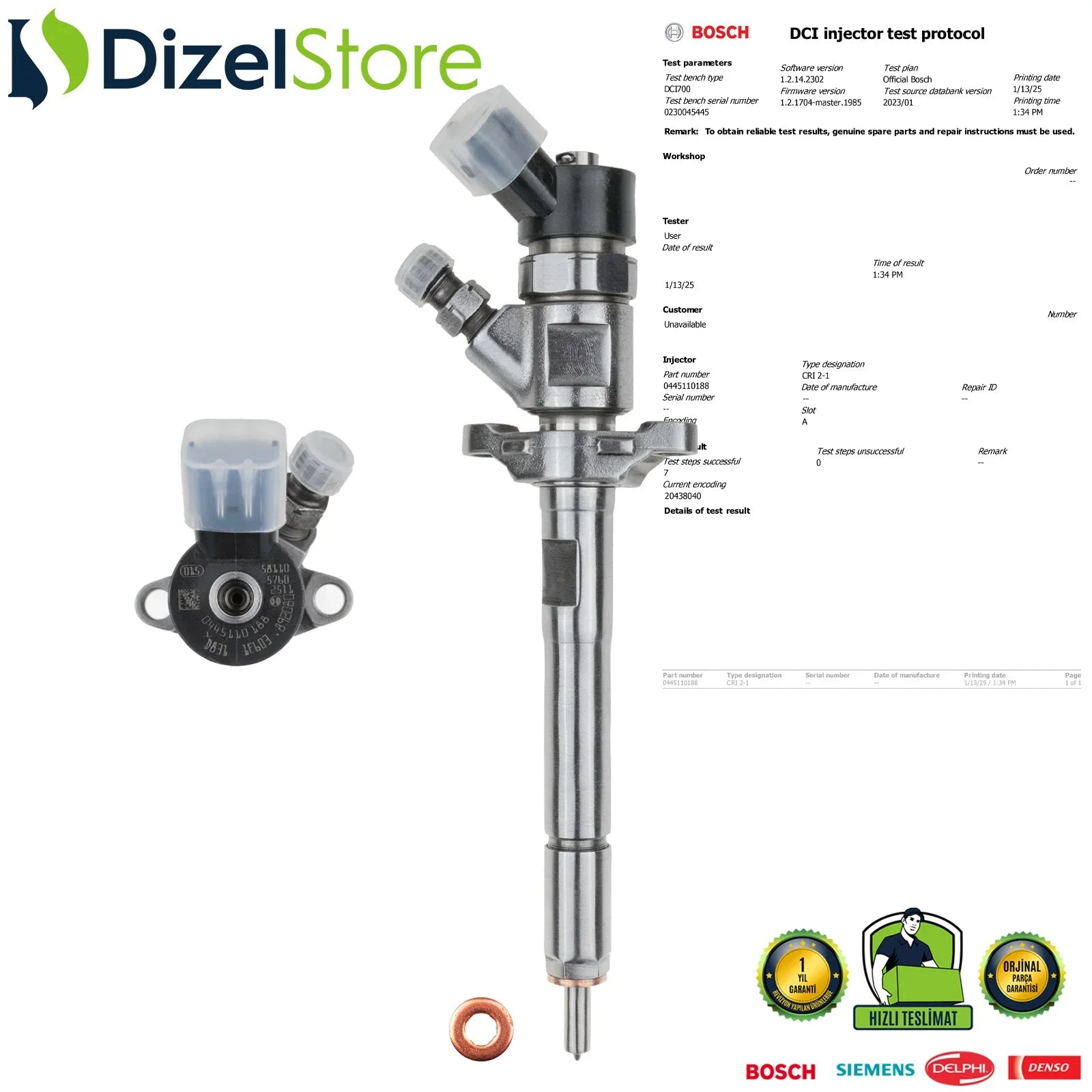 0445110188 Bosch Enjektör Volvo Ford Peugeot 206 1.6 HDi 0986435090 - Dizel Store