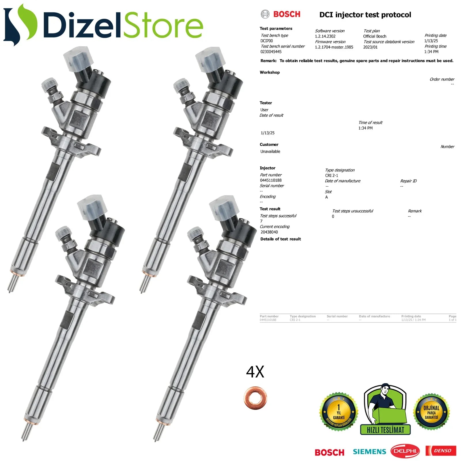 4X 0445110188 Bosch Enjektör Volvo Ford Peugeot 206 1.6 HDi 0986435090 - Dizel Store