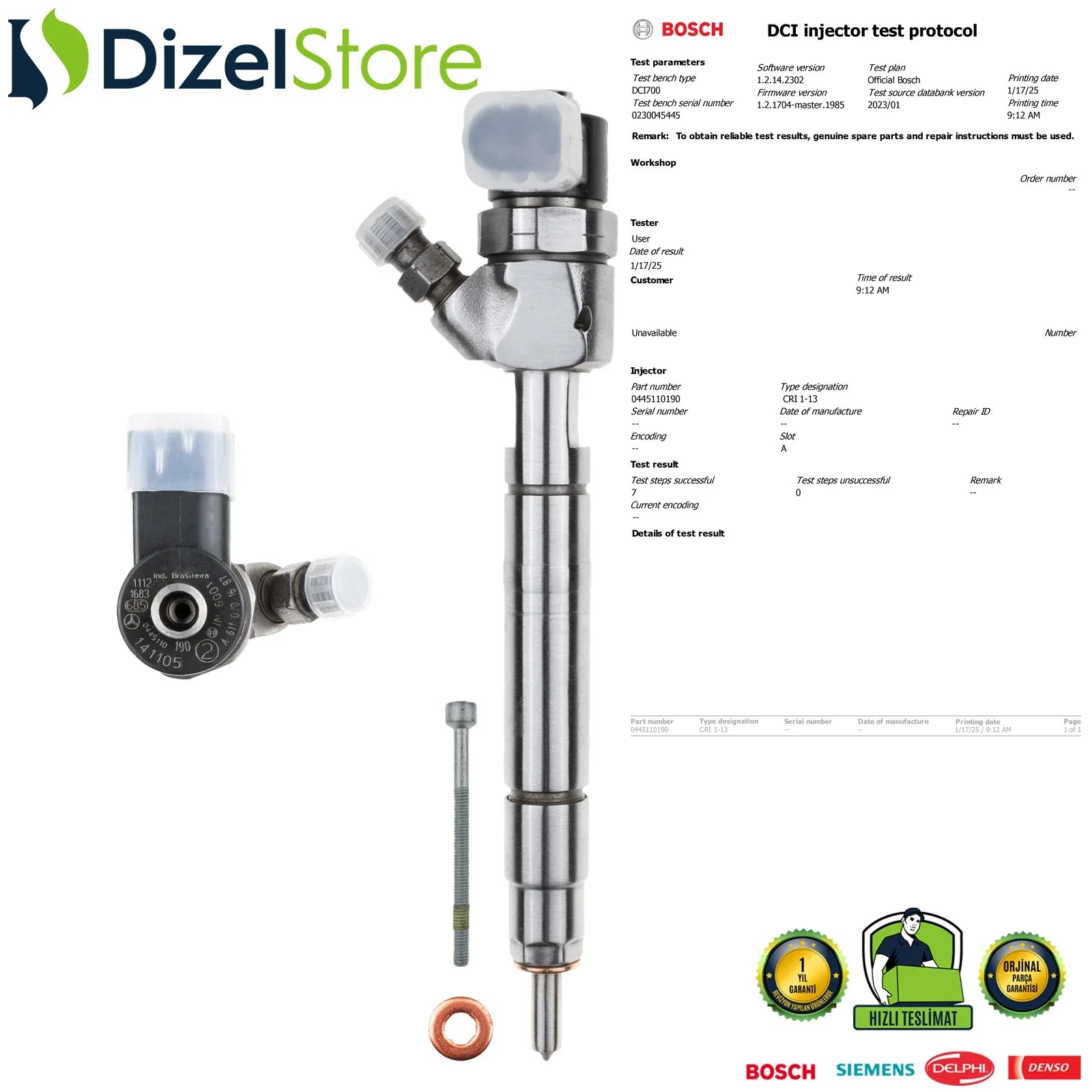 0445110190 Bosch Enjektör Mercedes-Benz Sprinter 316 CDI 313 CDI A6110701687 - Dizel Store