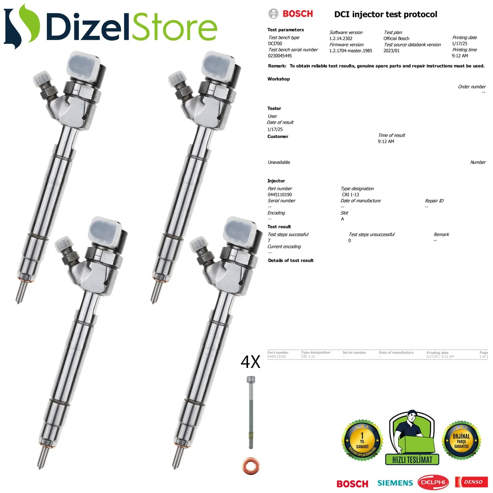 X4 0445110190 Bosch Enjektör Mercedes-Benz Sprinter 316 CDI 313 CDI A6110701687 - Dizel Store