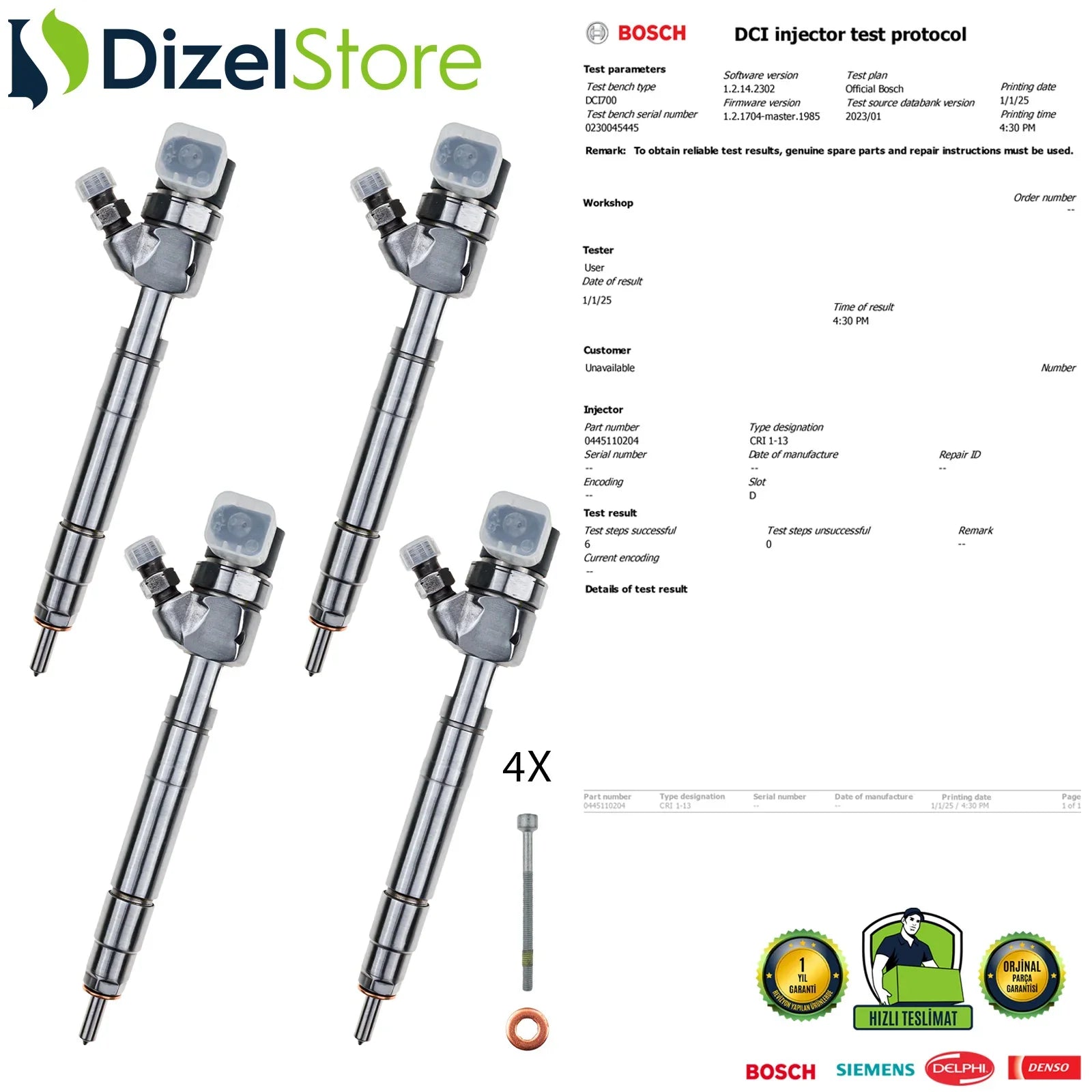 4X 0445110204 Bosch Einspritzdüse Injektor Jeep Mercedes-Benz Sprinter 208 211 216 A6120700087 - Dizel Store