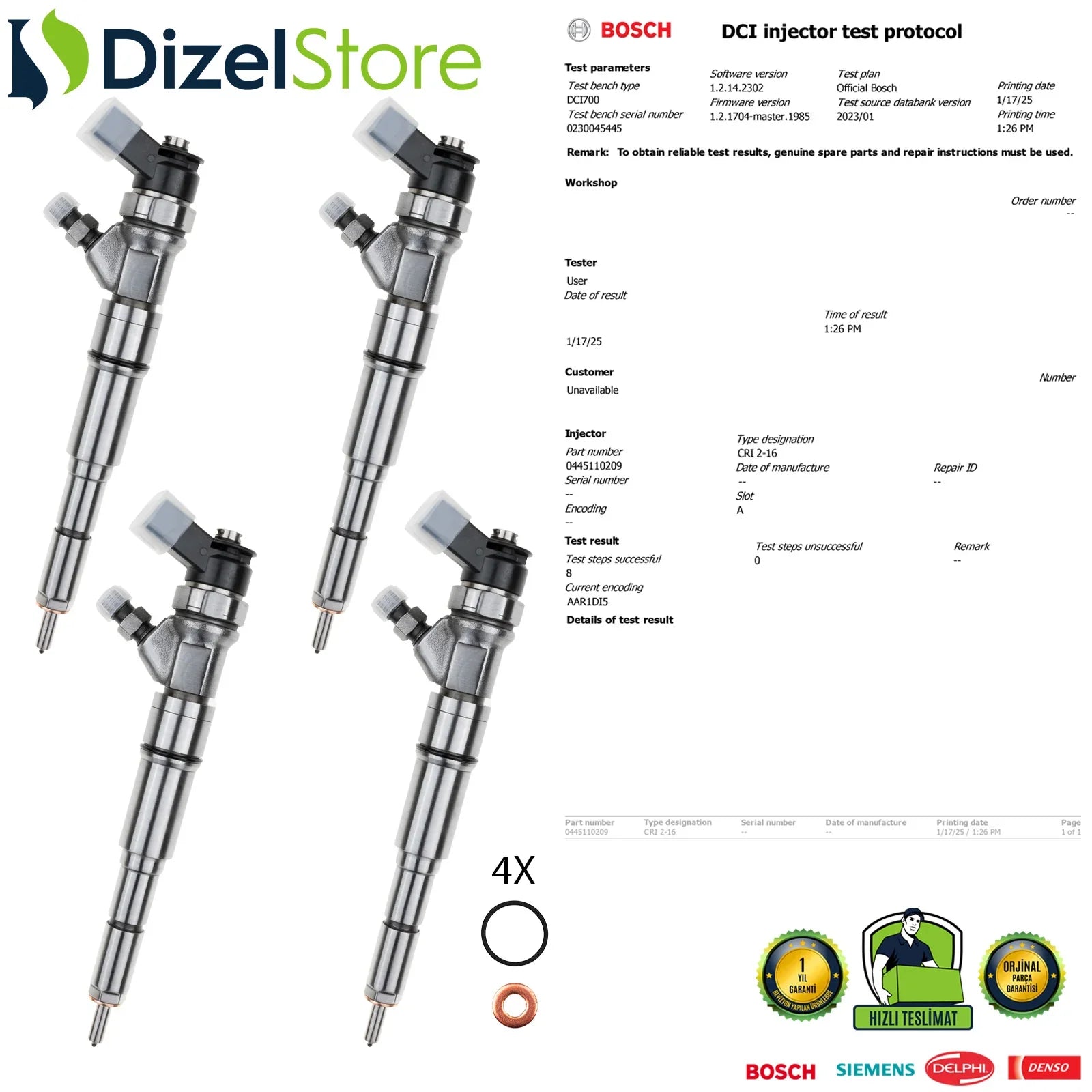 X4 0445110209 Bosch Enjektör BMW E87 E90 E91 325 d 13537794555 - Dizel Store