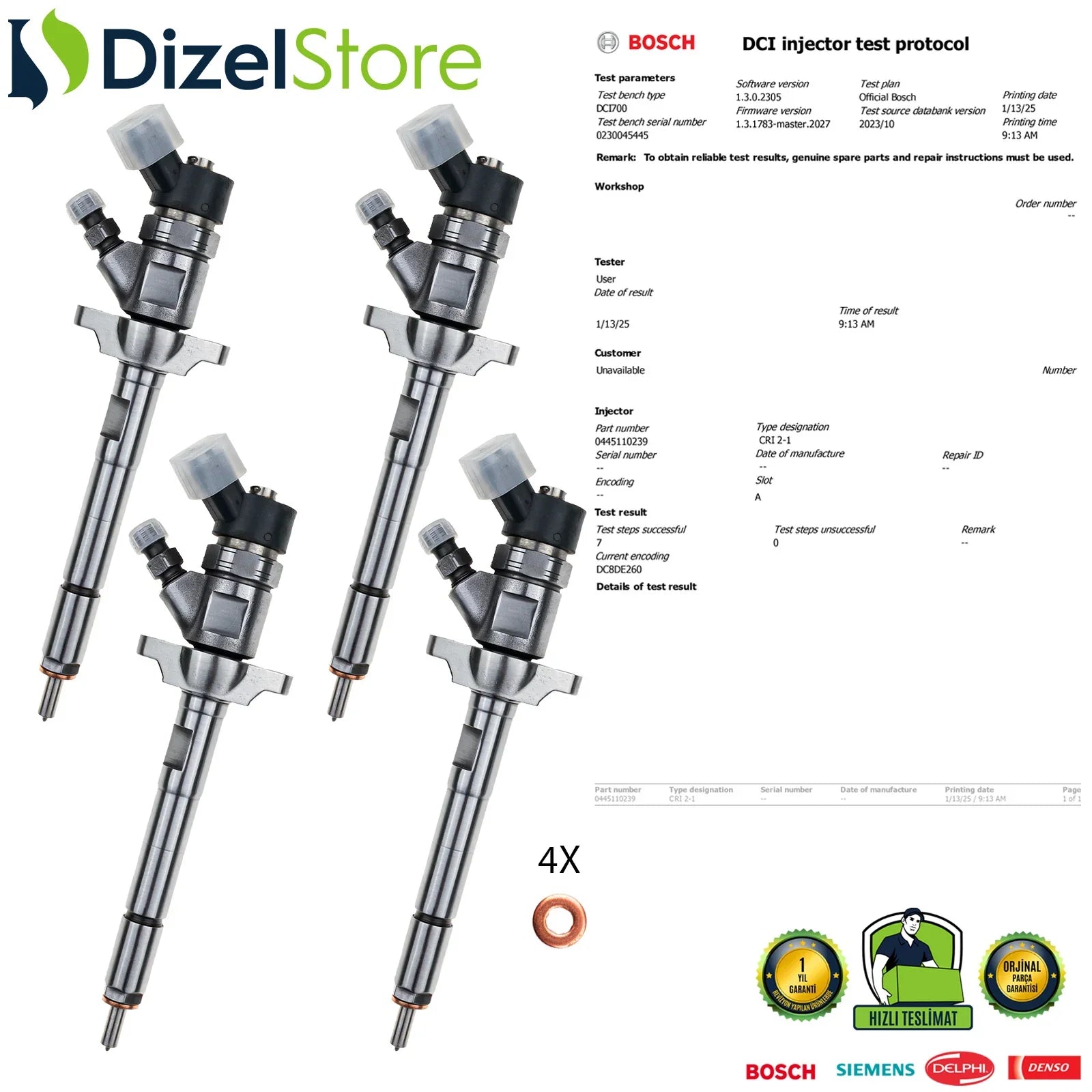 4X 0445110239 Bosch Enjektör Mazda Citroen Peugeot Fiat Ford C-Max Fiesta 1.6 TDCi 0986435122 - Dizel Store