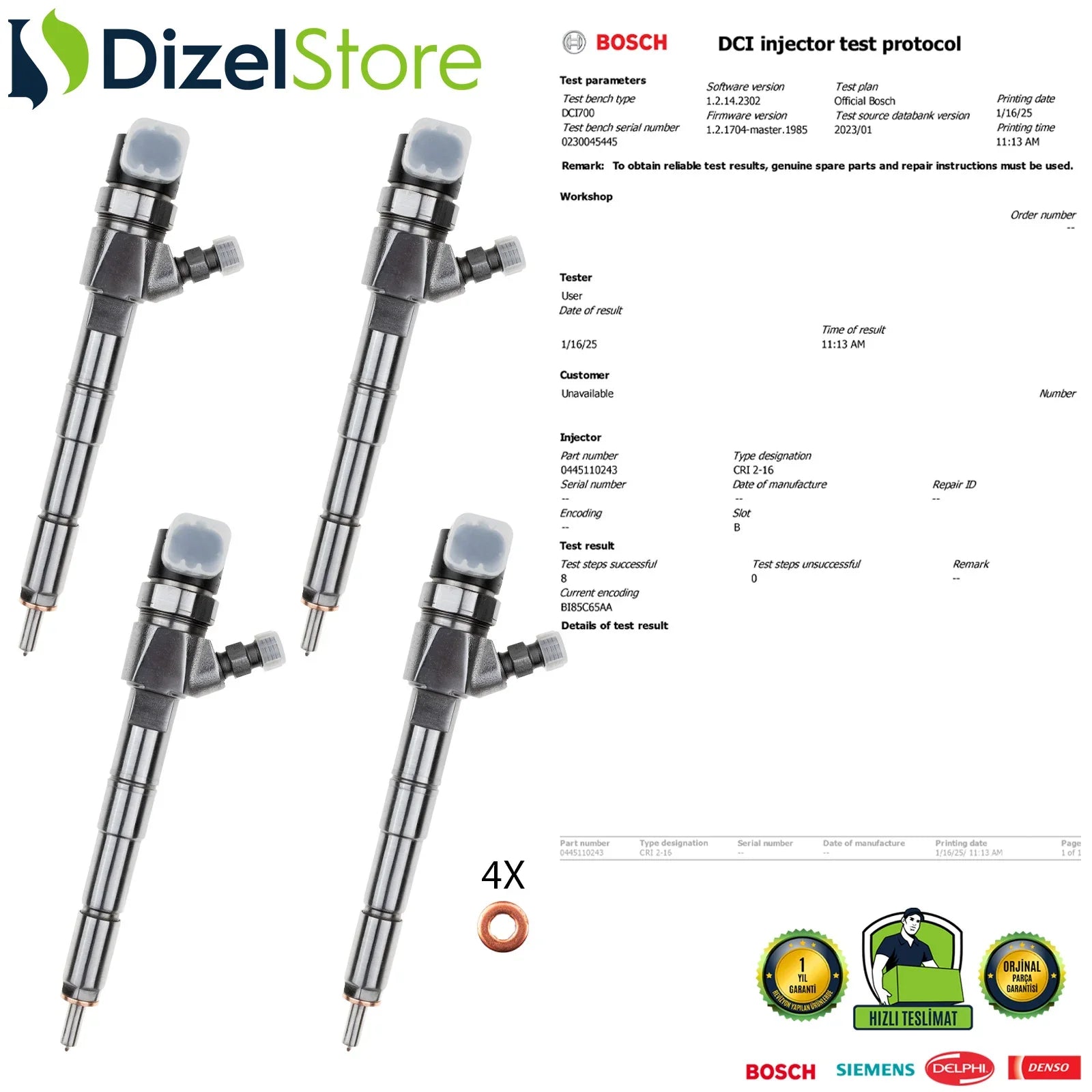 X4 0445110243 Bosch Enjektör Alfa Romeo Fiat Opel Astra H 1.9 CDTI 55198218 - Dizel Store
