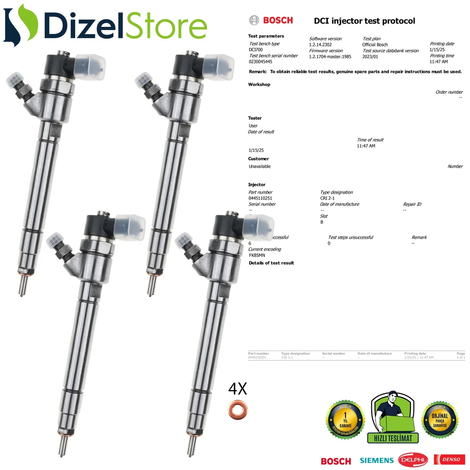 X4 0445110251 Bosch Enjektör VOLVO S40 S60 S80 XC70 XC90 V70 V50 30637375 - Dizel Store