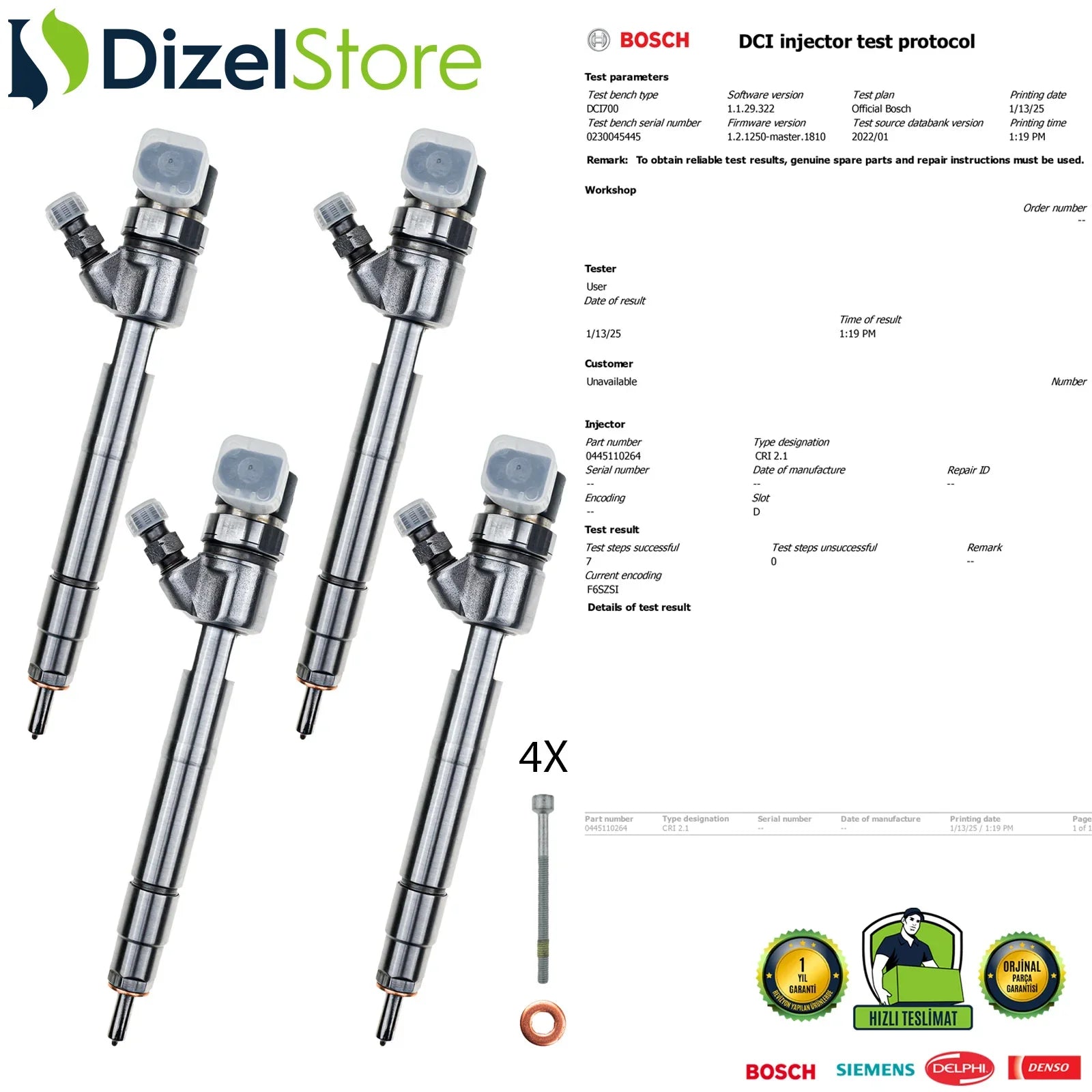 4X 0445110264 Bosch Enjektör MERCEDES-BENZ VIANO VITO 2.0 CDI A6460700487 - Dizel Store