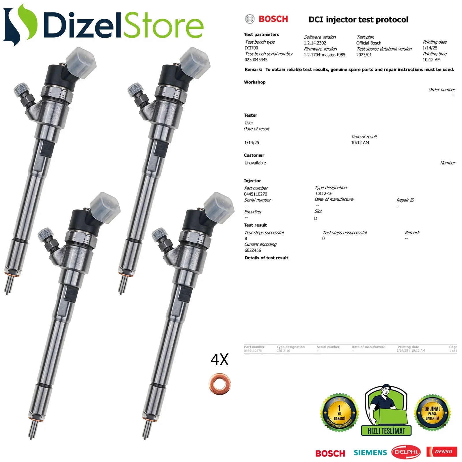4X 0445110270 Bosch Enjektör Opel Chevrolet Captiva 2.0 D 96440397 - Dizel Store