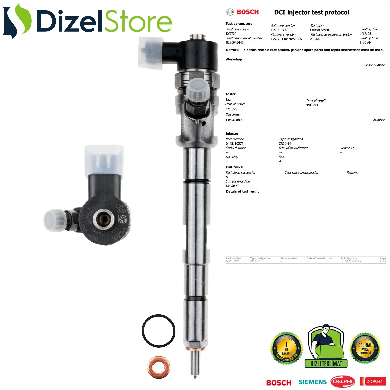 0445110275 Bosch Enjektör Hyundai Kia Sorento 2.5 CRDi 33800-4A500 - Dizel Store