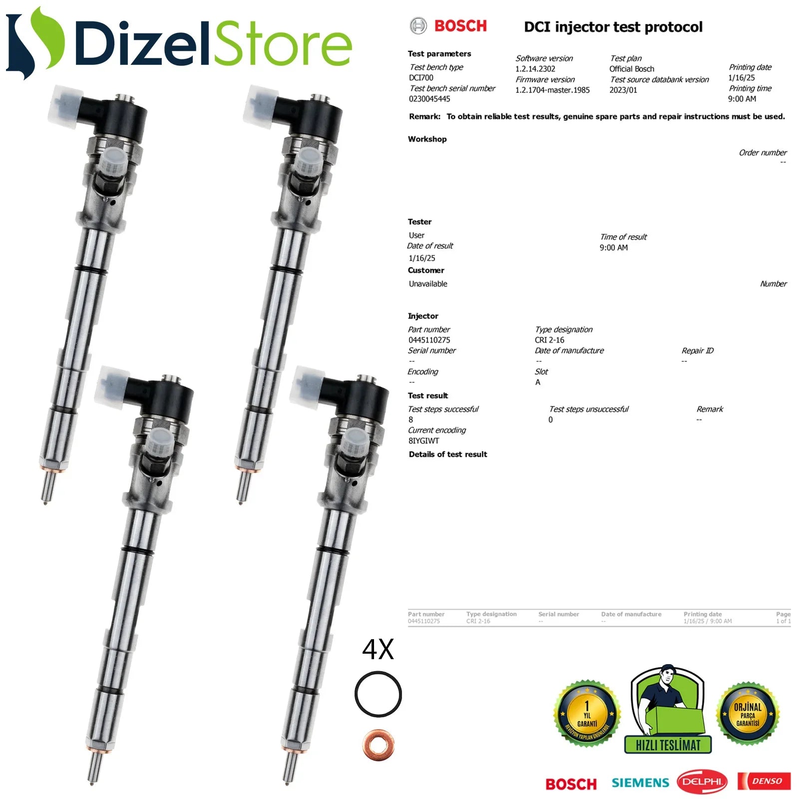 X4 0445110275 Bosch Enjektör Hyundai Kia Sorento 2.5 CRDi 33800-4A500 - Dizel Store