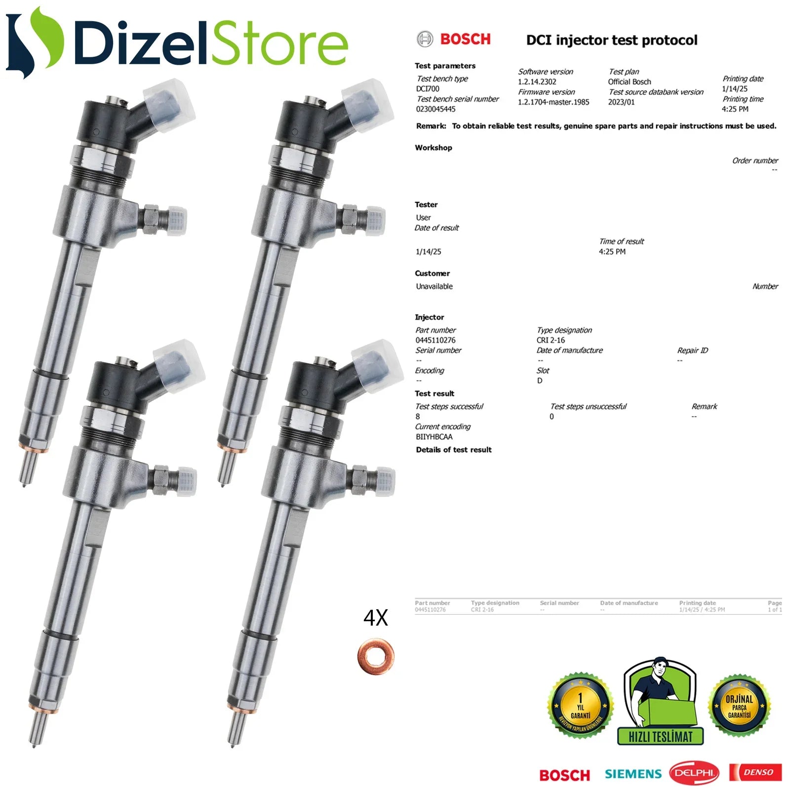 4X 0445110276 Bosch Enjektör Alfa Romeo Suzuki Fiat Saab Opel Vectra Zafira 1.9 CDTI 55200259 - Dizel Store