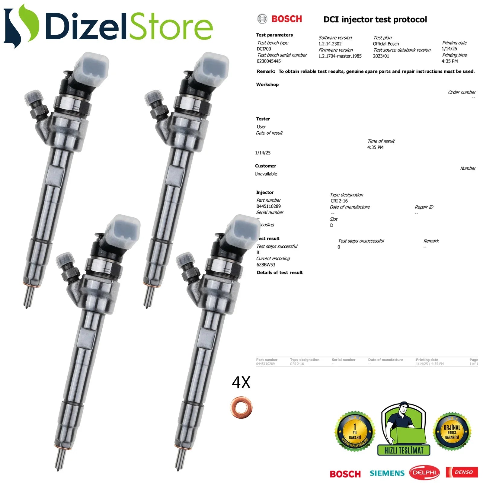 4X 0445110289 Bosch Enjektör MINI Cooper BMW E81 E87 F20 F21 118d 1353 7 798 446 - Dizel Store