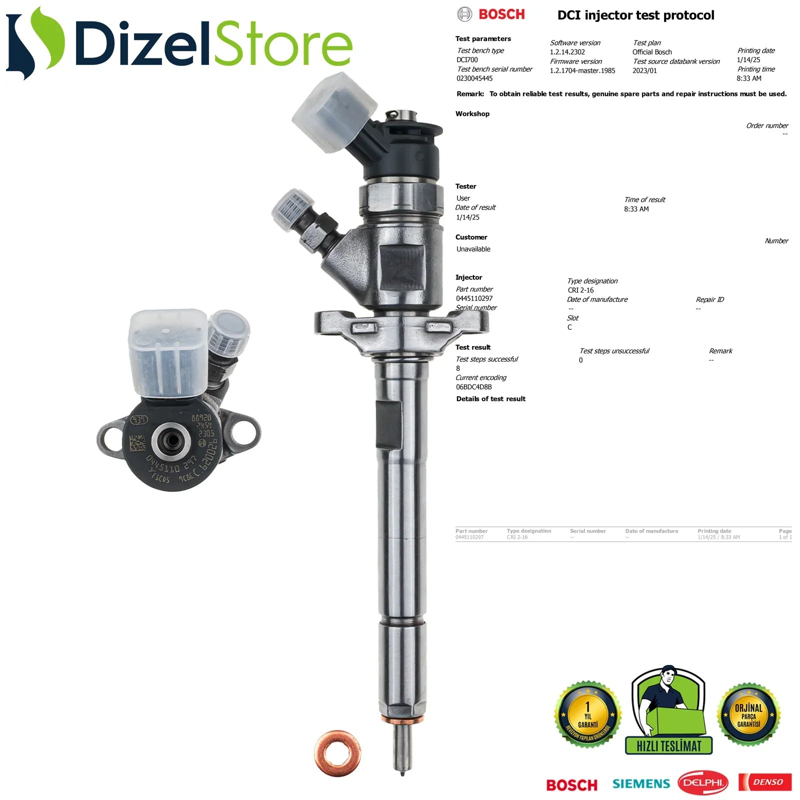 0445110297 Bosch Enjektör Citroen C2 C3 C4 Peugeot 206 1.6 HDi 1609850780 - Dizel Store