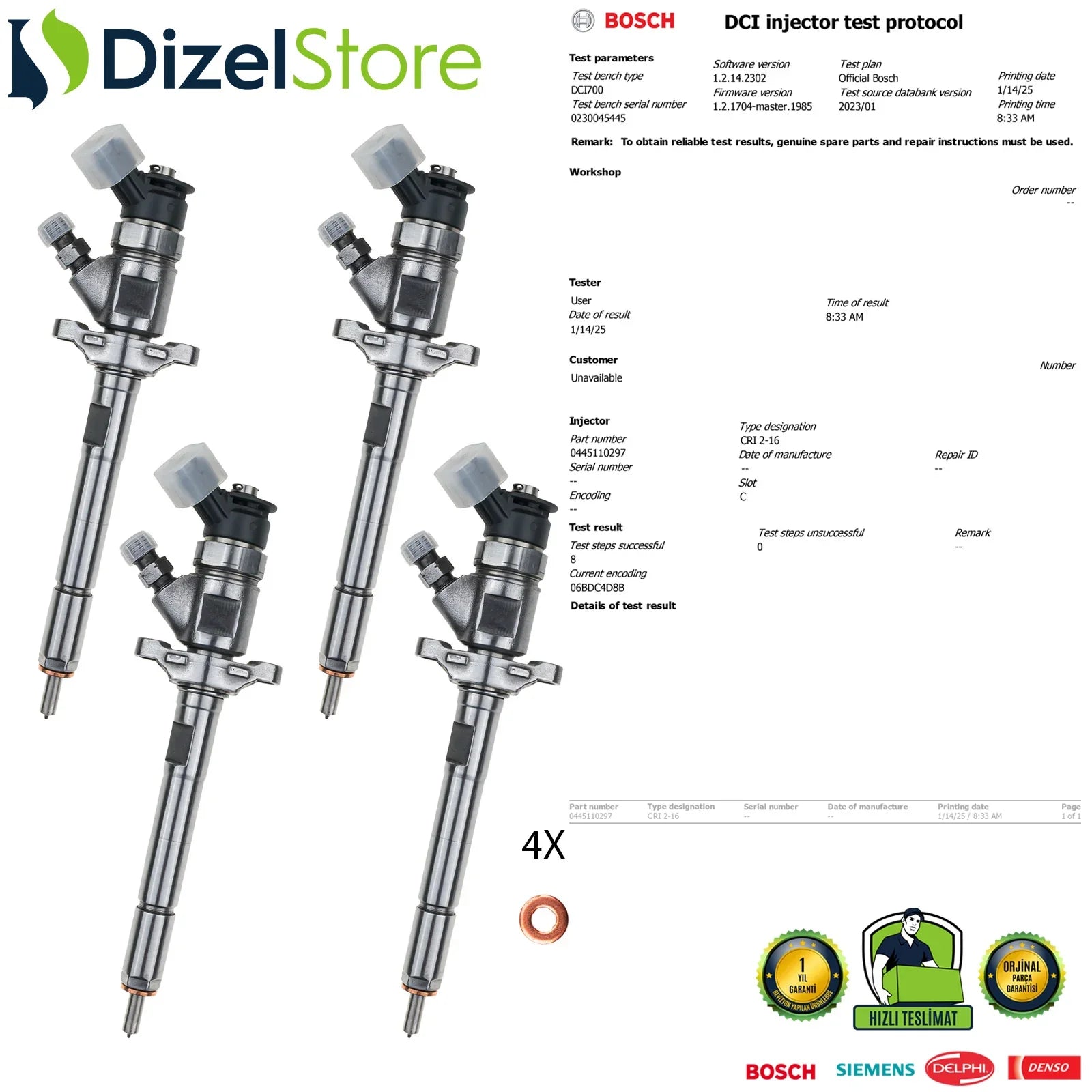 4X 0445110297 Bosch Enjektör Citroen C2 C3 C4 Peugeot 206 1.6 HDi 9662002680 - Dizel Store