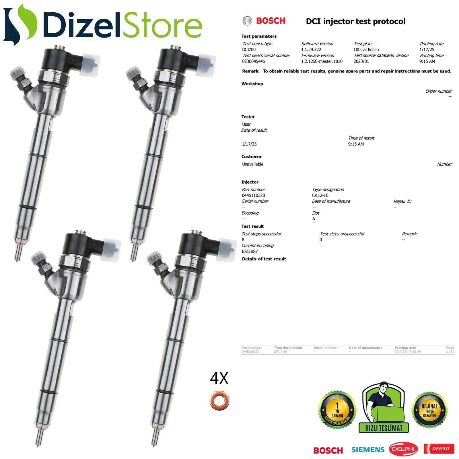 X4 0445110320 Bosch Enjektör Hyundai Accent Kia Carens 1.6 CRDi 33800-2A900 - Dizel Store