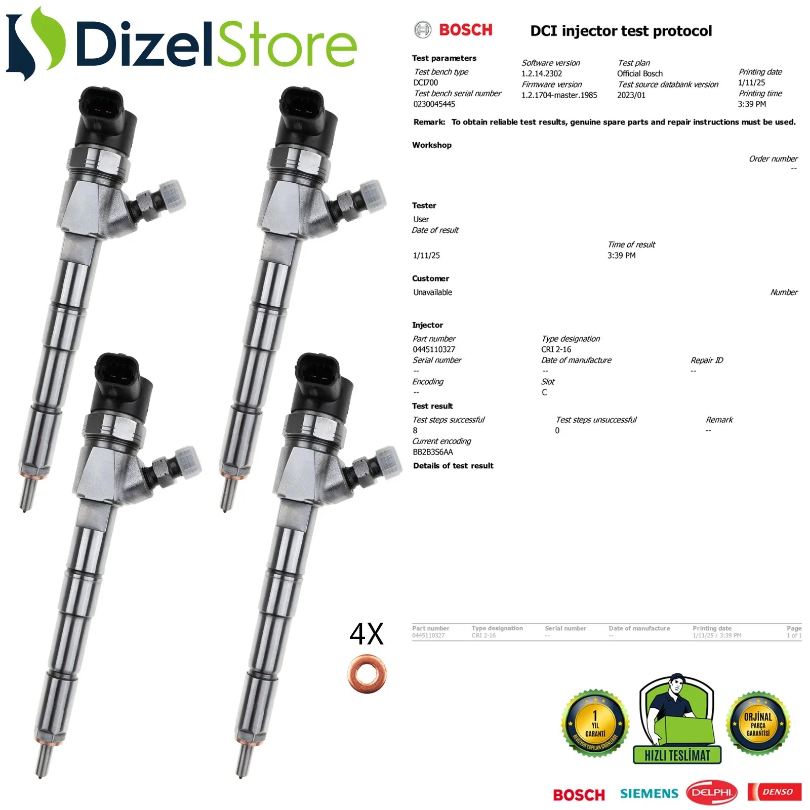4X 0445110327 Bosch Enjektör Chevrolet Opel Astra 2.0 CDTI 0986435201 - Dizel Store