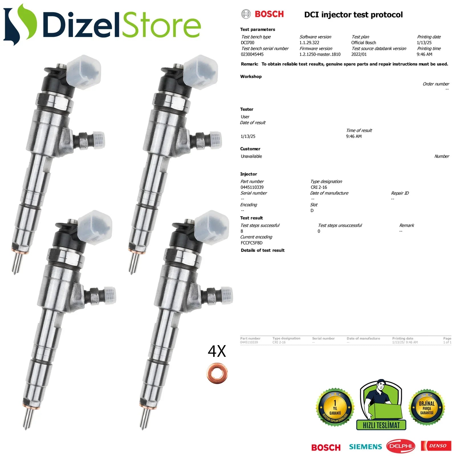 4X 0445110339 Bosch Enjektör Citroen DS Peugeot Ford Fiesta 1.4 TDCi 87068980 - Dizel Store