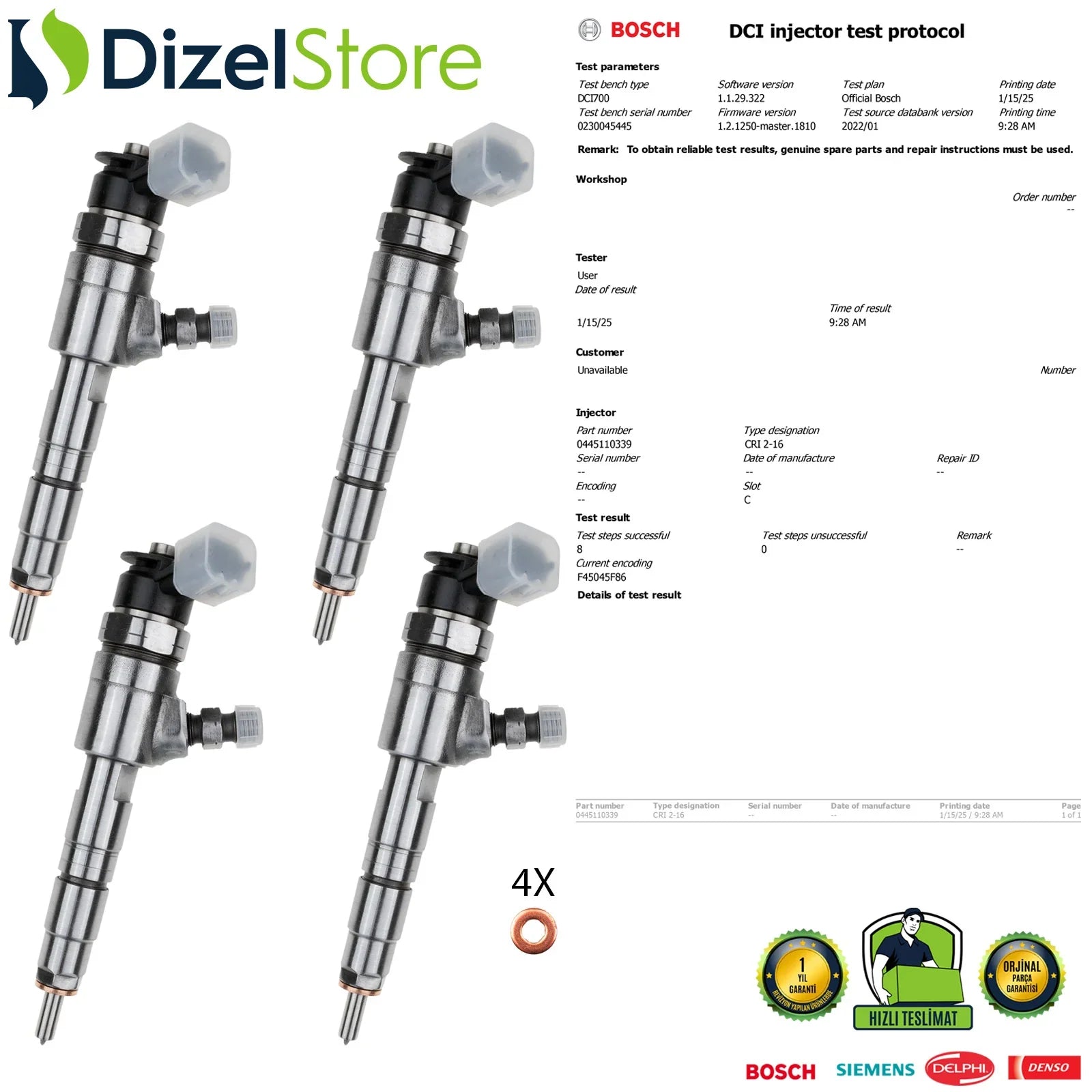 X4 0445110339 Bosch Enjektör Citroen DS Peugeot Ford Fiesta 1.4 TDCi AV2Q9F593AA - Dizel Store