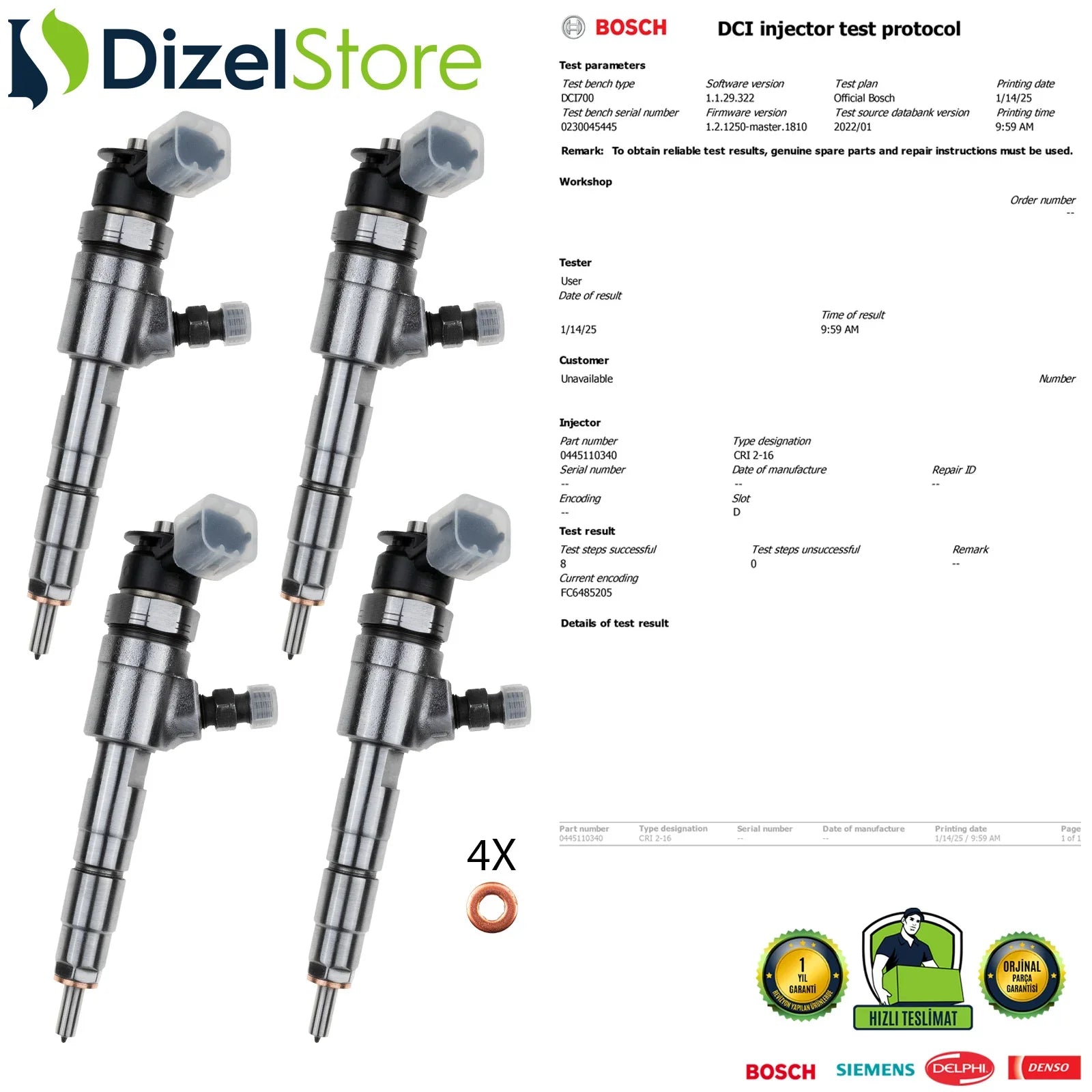 4X 0445110340 870692 Bosch Enjektör Opel Fiat Peugeot Ford Citroen Berlingo 1.6 HDi 0986435203 - Dizel Store
