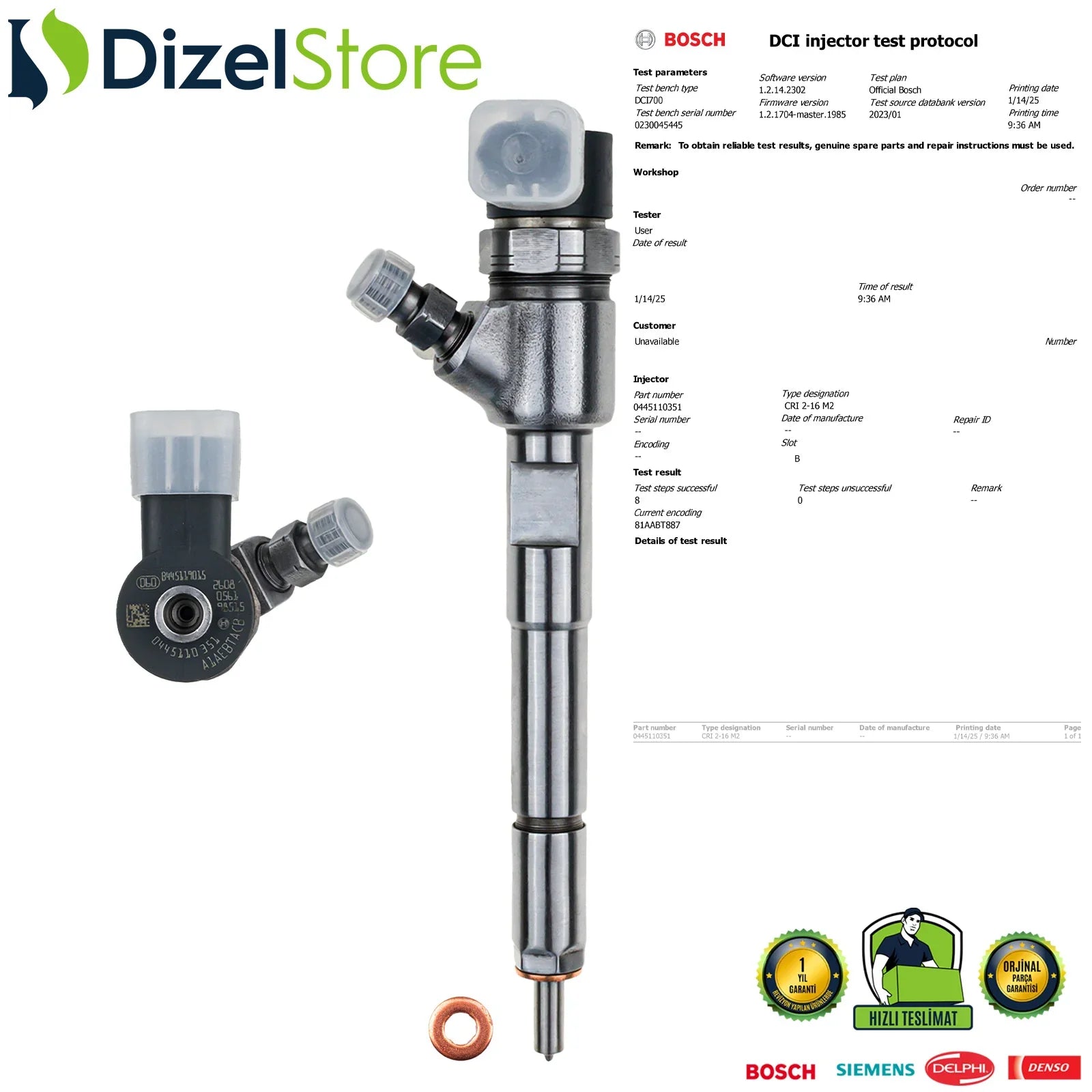 0445110351 55219886 Bosch Enjektör Alfa Romeo Fiat Lancia Citroen Opel Combo 1.3 CDTI 0986435204 - Dizel Store