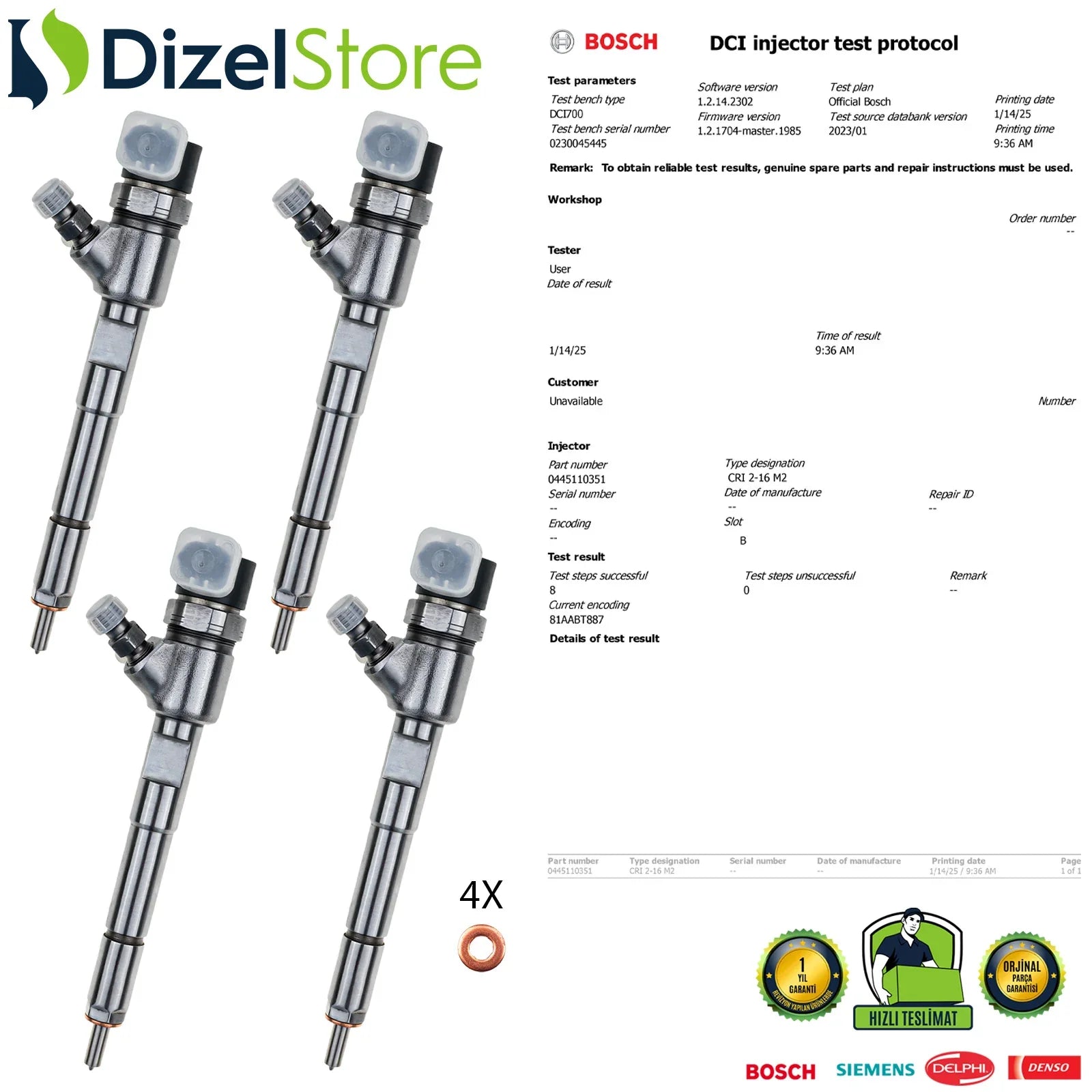 4X 0445110351 55219886 Bosch Enjektör Alfa Romeo Fiat Lancia Citroen Opel Combo 1.3 CDTI 0986435204 - Dizel Store